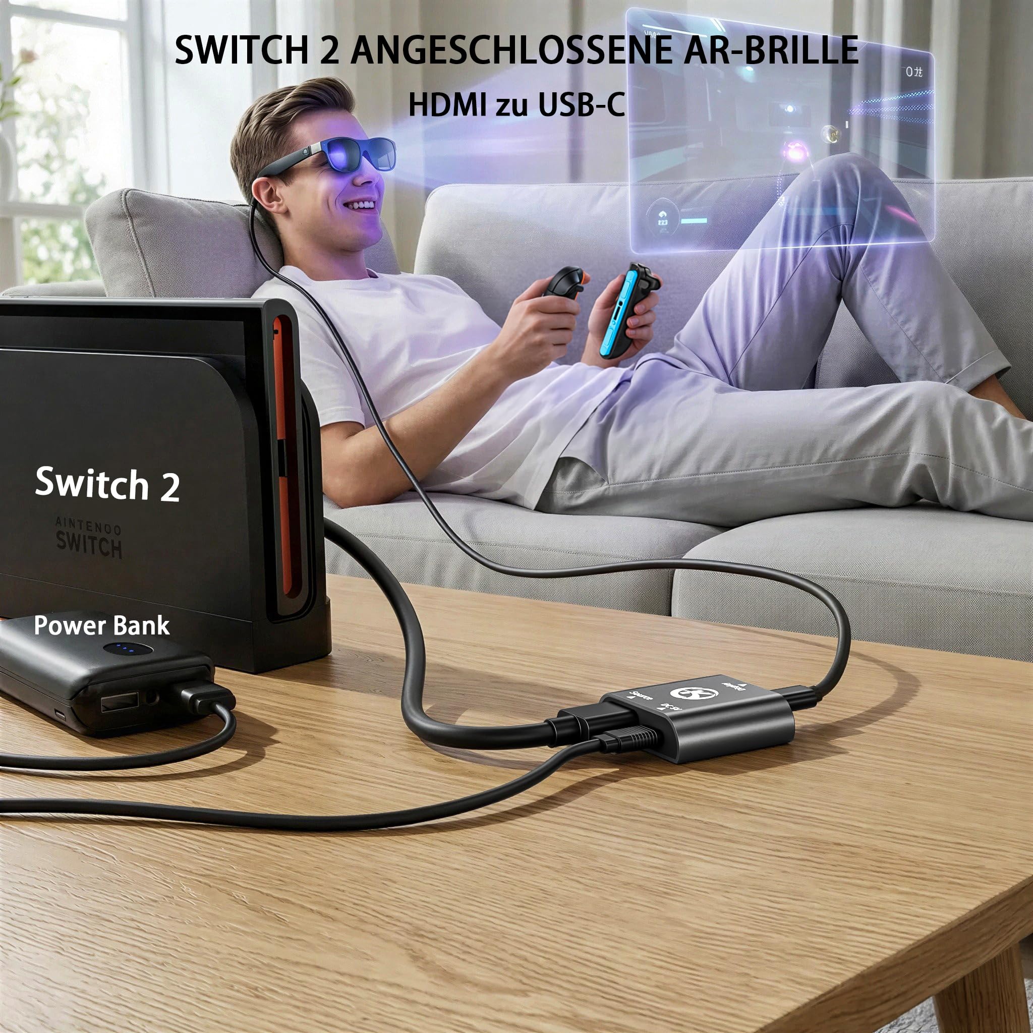 HDMI-auf-USB-C-Adapter für Switch OLED/Switch 2,PS4/5,Xbox,TV-Box,HDMI-Stecker (Quelle) auf USB-C-Buchse (Display),kompatibel mit RayNeo/Xreal/Rokid/Viture AR-Brille/tragbarem Monitor, 4K 60Hz