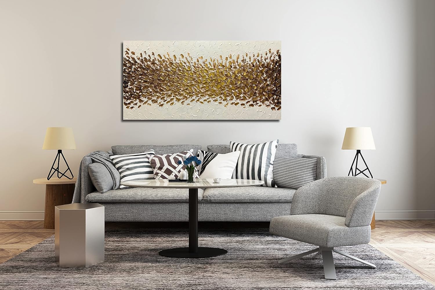 AZAVY Art,24X48 Inch Hand-Painted Gold Cream White Oil Painting Textured Abstract Horizontal Wall Art Contemporary Artwork Wrapped Canvas Painting Stretched and Framed Ready to Hang for Dining Room