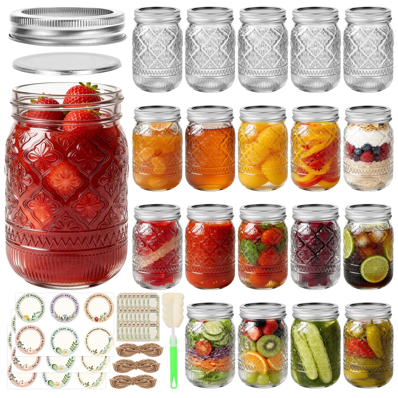 Photo 1 of 12 oz Embossed Mason Jars 20 Pack, Regular Mouth Glass Canning Jars with Airtight Split Lids, for Jams, Honey, Pickling, Fermenting, Meal Prep, Spices, Food Storage, Wedding Favors & DIY Projects