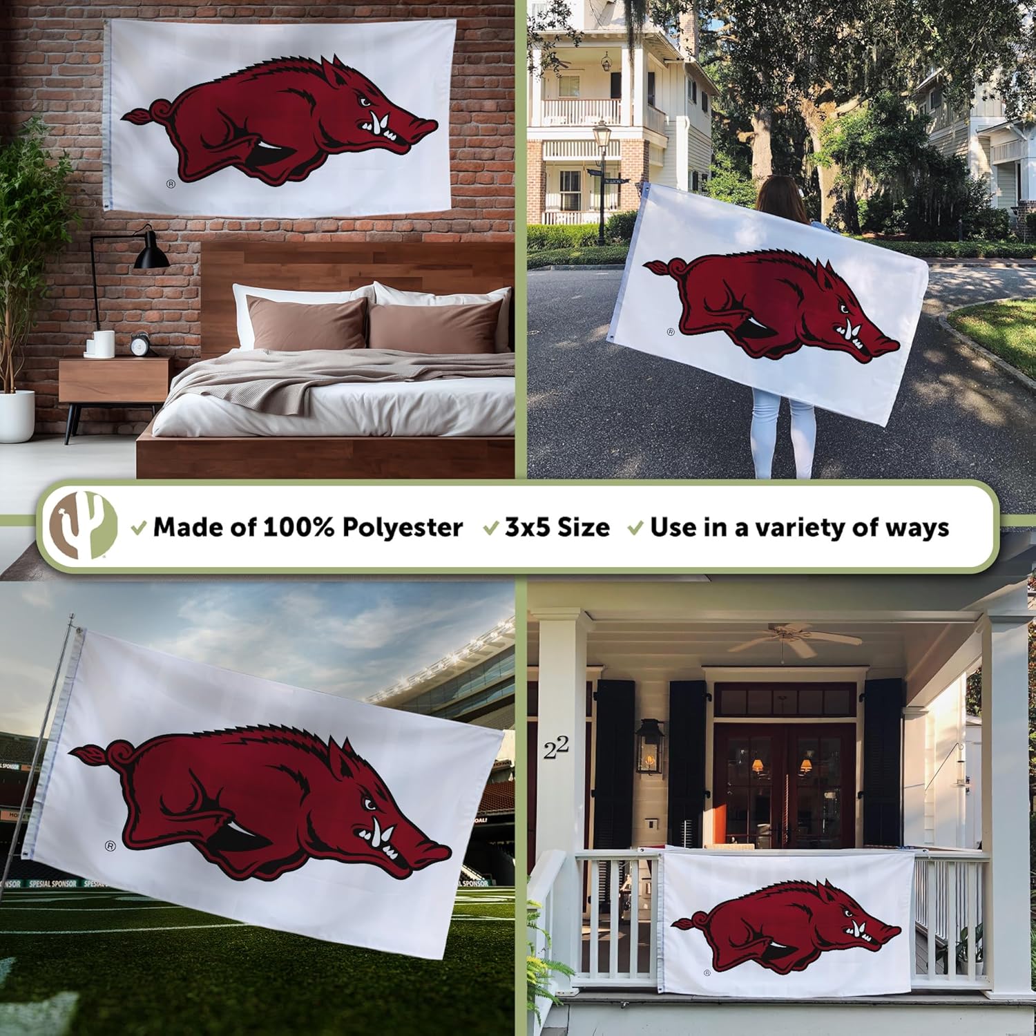 Desert Cactus University of Arkansas UA Flag - 3 x 5 Feet Razorbacks Banner, Indoor/Outdoor Durable Fabric, 100% Polyester Design (Design J) - Image 3