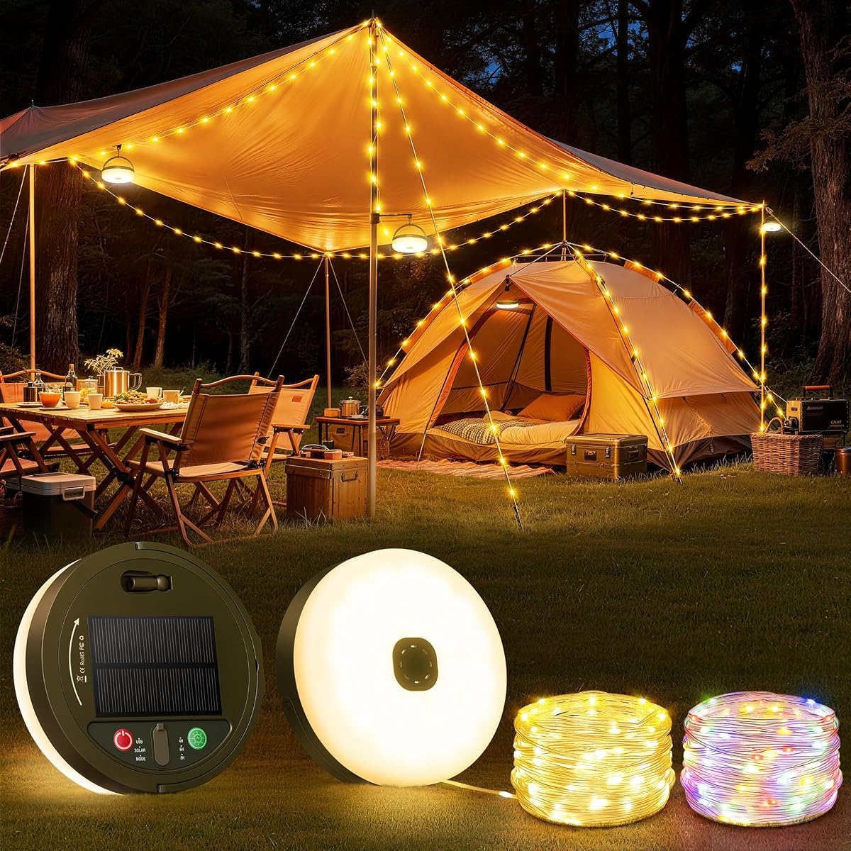Solar/USB Rechargeable Camping String Lights 3 in 1 Camping Lights | 33FT 13 Modes Retractable Outdoor Camp String Lights Waterproof, Portable Camp Lamp Tent String Lights for RV, Party, Hiking