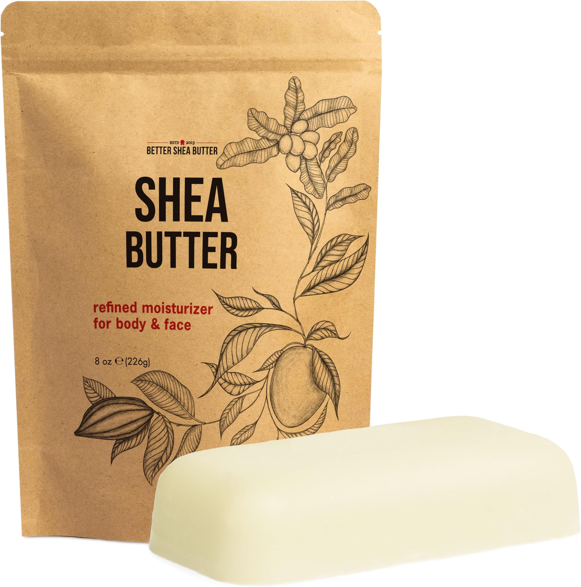 Refined Shea Butter Unscented - 100% Pure African Shea Butter for Hair and Dry Skin - Use for Soap Base, Face and Body Moisturizer, for DIY Whipped Body Butter and Lip Balm 8 oz Bar