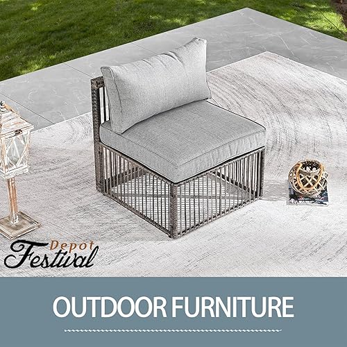 Miniatura 7 de Festival Depot Sofá individual de mimbre para patio, silla sin brazos para exteriores, silla de ratán de polietileno marrón para todo tipo de clima,