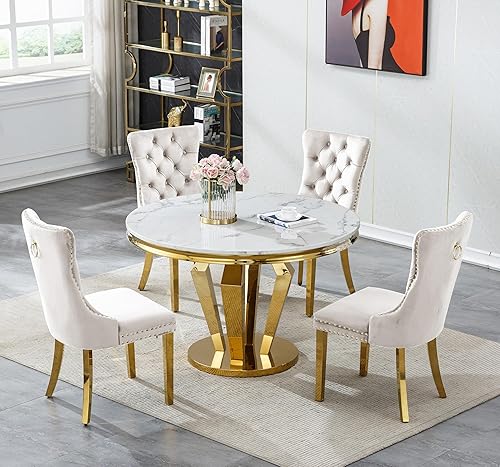 Miniatura 11 de Juego de 4 mesas de comedor redondas de mármol para 4, mesa de cocina redonda moderna y sillas de terciopelo beige, mesa de comedor de mármol blanco