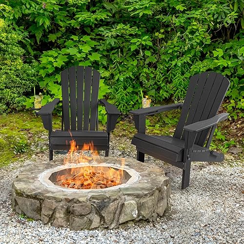 Miniatura 8 de Juego de 2 sillas plegables Adirondack de plástico, con textura de madera, sillas para hoguera para exteriores, sillas Adirondack compuestas