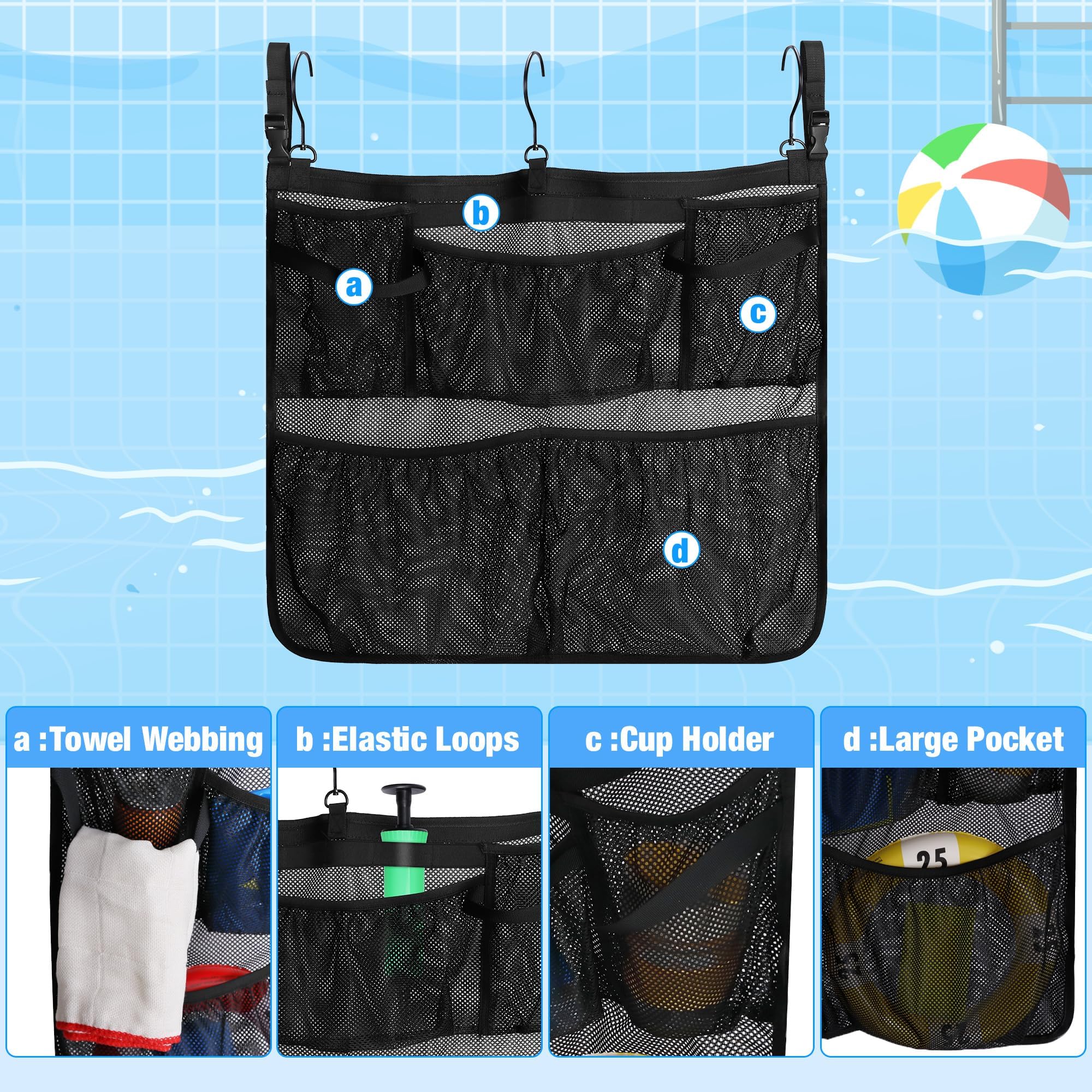 Pool Aufbewahrungstasche, Pool Aufbewahrungskorb, Pool Aufbewahrungsbox, Schwarz Schwimmbad Netztasche mit Haken, Pool Zubehör für Aufstellpool, Badezimmer