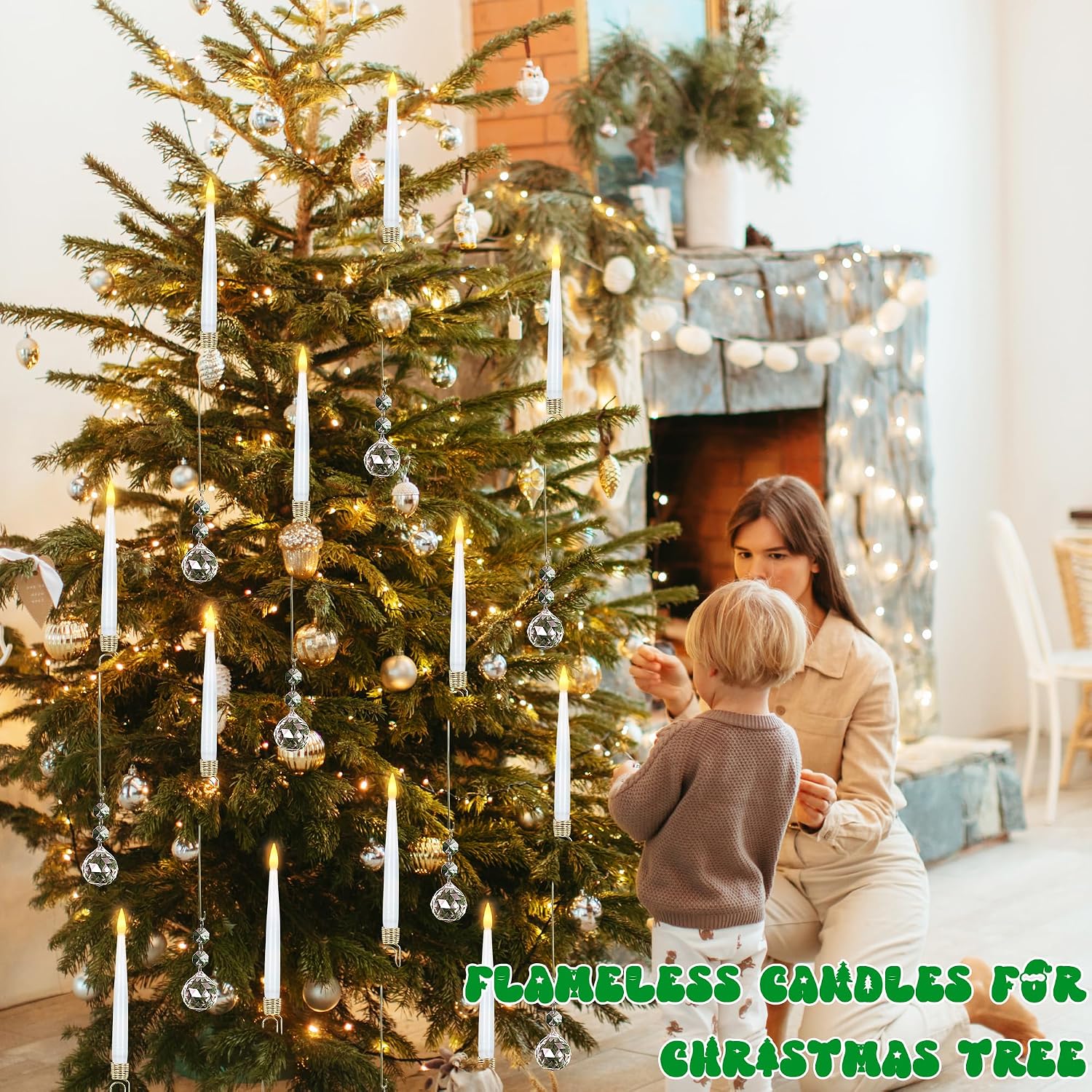 Christmas Tree Candles, 12 Pack Flameless Taper Candles for Christmas Tree Decor, Fake Flickering LED Candle Battery Operated with Remote for Xmas Wedding Home Party Decor with Crystal Ball Hook