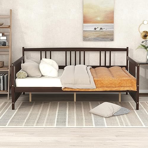 Miniatura 25 de Marco de sofá cama de madera, sofá cama individual con soporte de listones de madera, sofá cama con rieles (blanco)