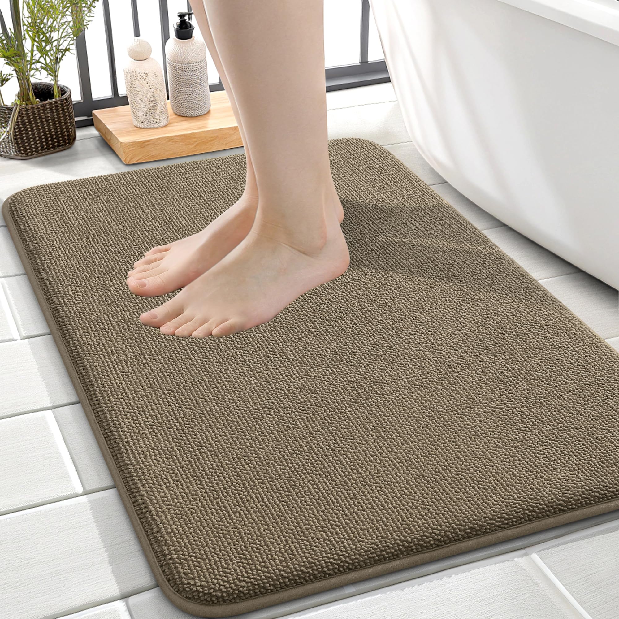 OLANLY Thick Memory Foam Small Bathroom Rug 24x16, Absorbent Bath Mat, Tan