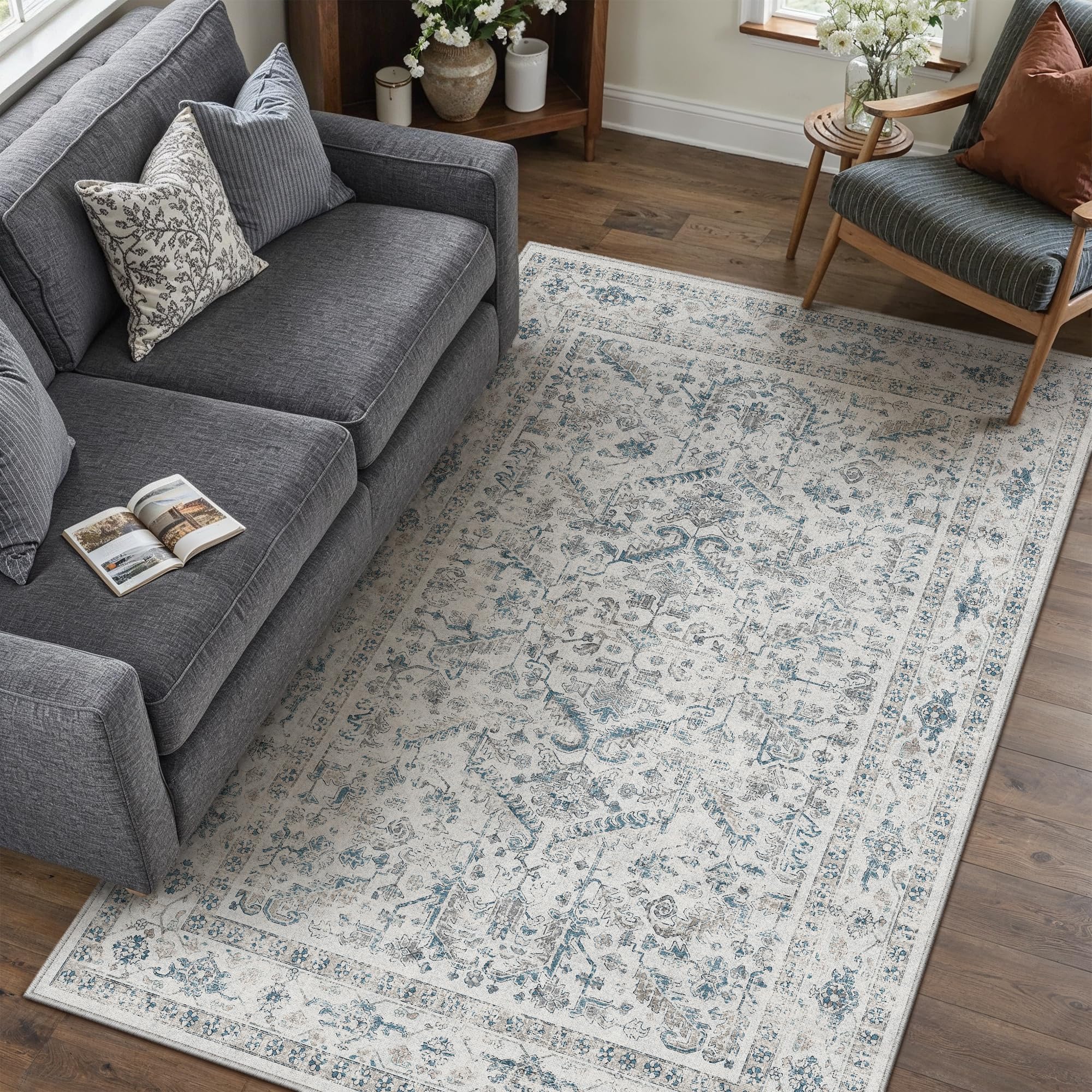 PureCozy Vintage Washable Blue Rugs Living Room Area Rug 120x170cm Bedroom Large Non Slip Soft Carpet Kitchen Bedroom Dining Room Office Indoor Low Pile Carpets
