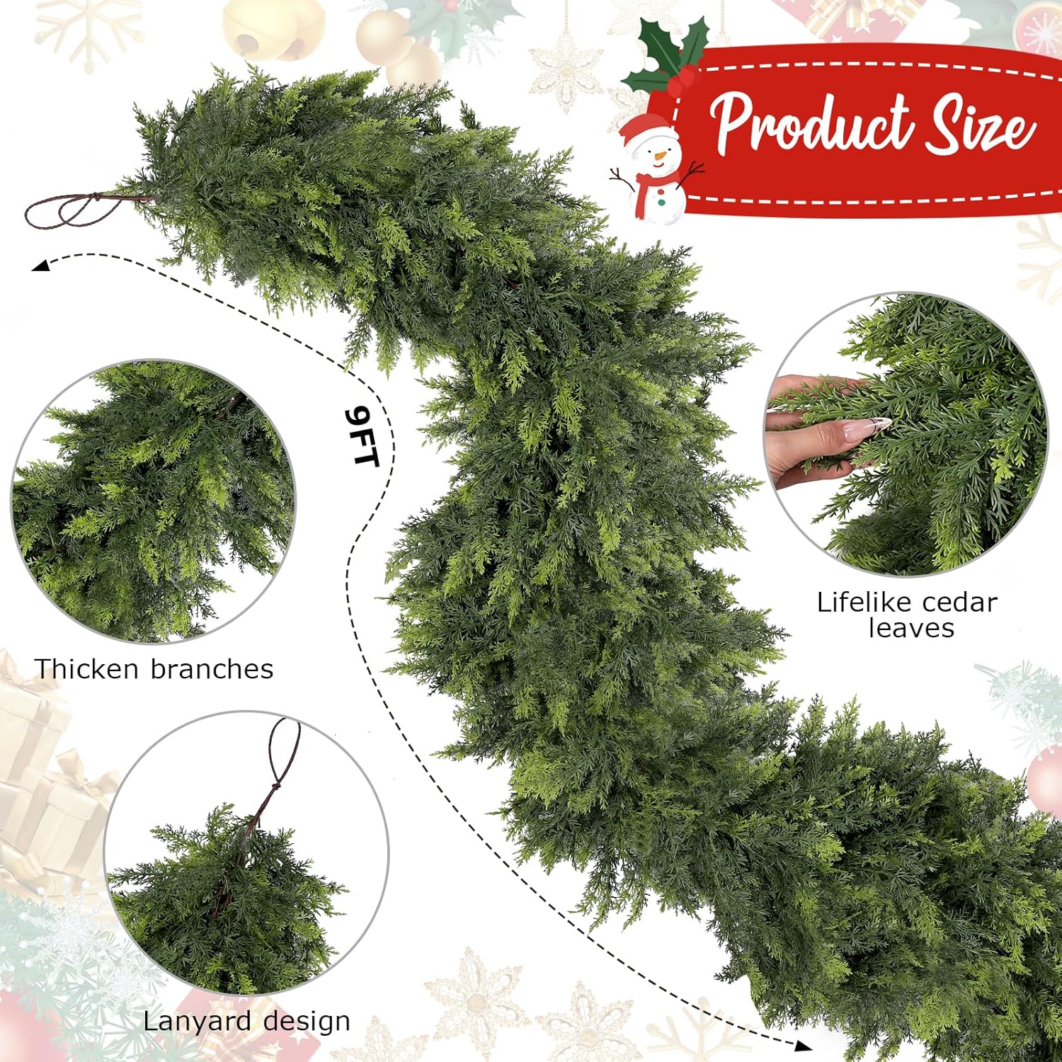 2Pcs 9FT Christmas Cedar Garland Artificial Real Touch Winter Cedar Pine Garland Thickness Lush Holiday Greenery Garlands for Mantle Fireplace Stairs Table Porch Outdoor Indoor Christmas Decorations