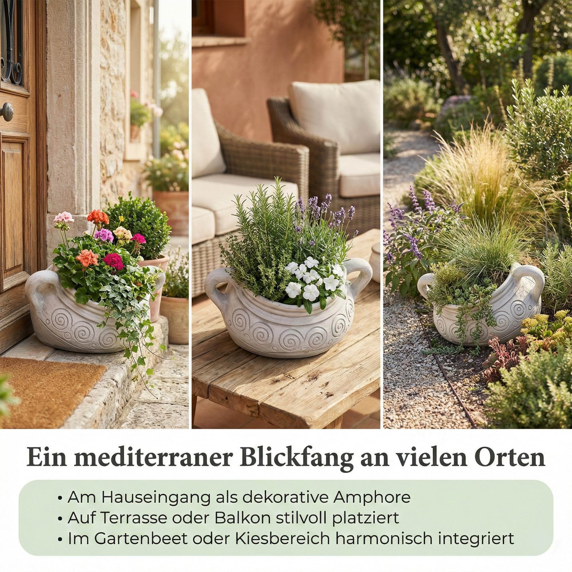 gartendekoparadies.de Garten Amphore Pflanzgefäß aus Steinguss, Pflanzamphore mit Spiralrelief, 30 cm Höhe, grau, frostsicher für Außenbereich