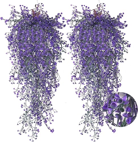 RECUTMS 4 plantas colgantes artificiales para interiores, plantas colgantes falsas de pared, helechos artificiales morados para el hogar, jardín,
