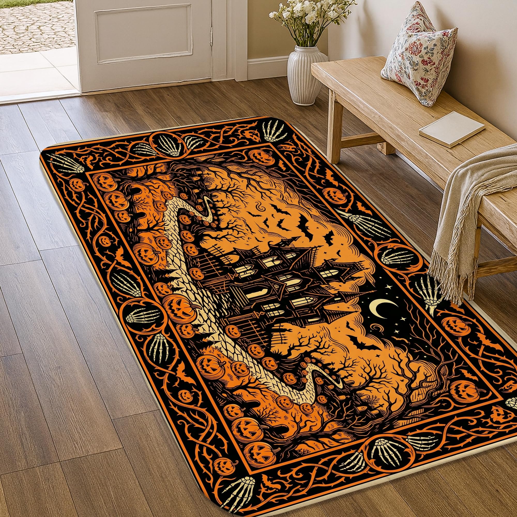 Alfombra de pasillo y escritorio para Halloween con calabazas y estética de casa encantada