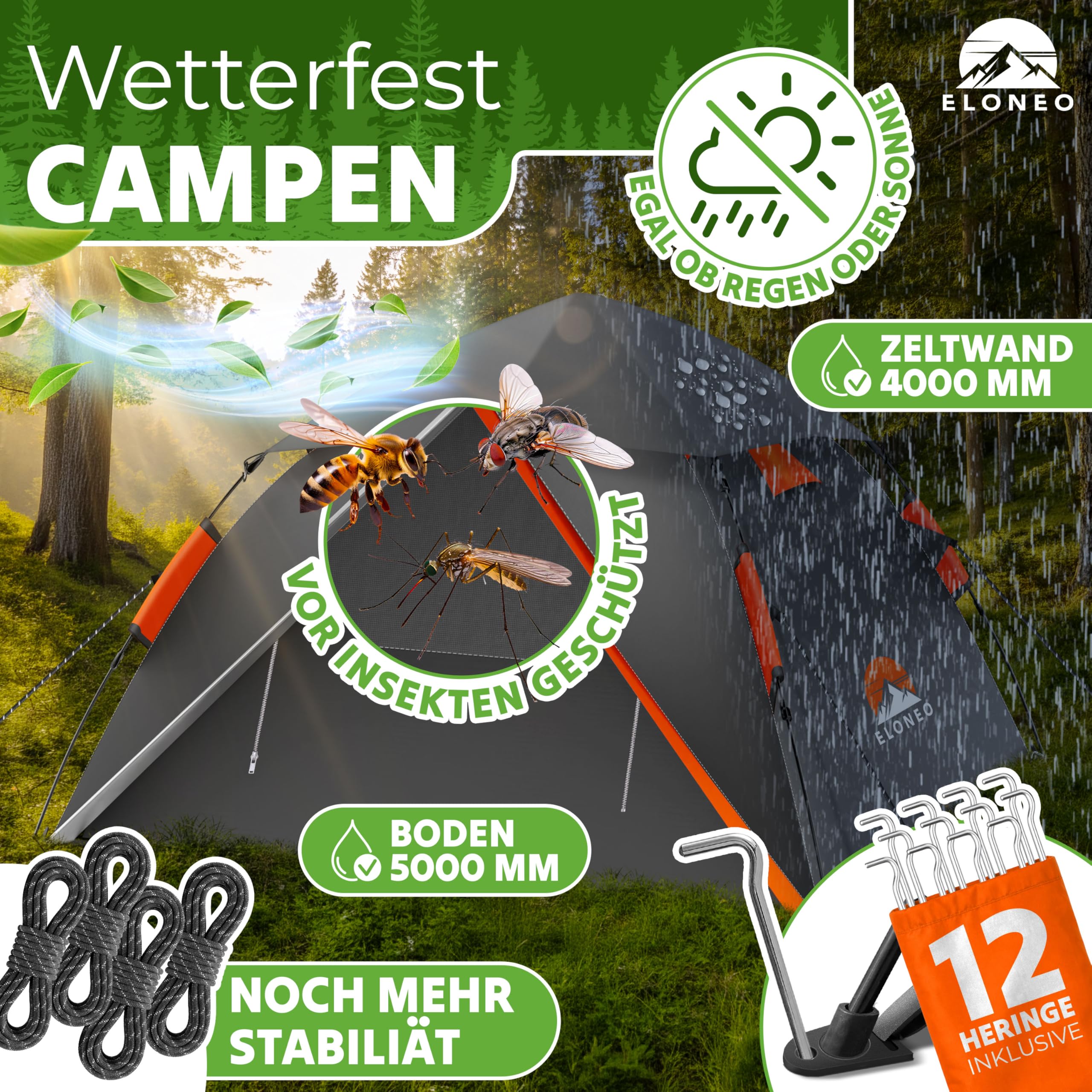 ELONEO Wurfzelt - extra wasserdicht & stabil, schneller Auf- & Abbau in 45 Sekunden | Wurfzelt 4 Personen wasserdicht | Wurfzelt 3 Personen | Wurfzelt 2 Personen, Pop Up Zelt 2 Personen | Camping Zelt