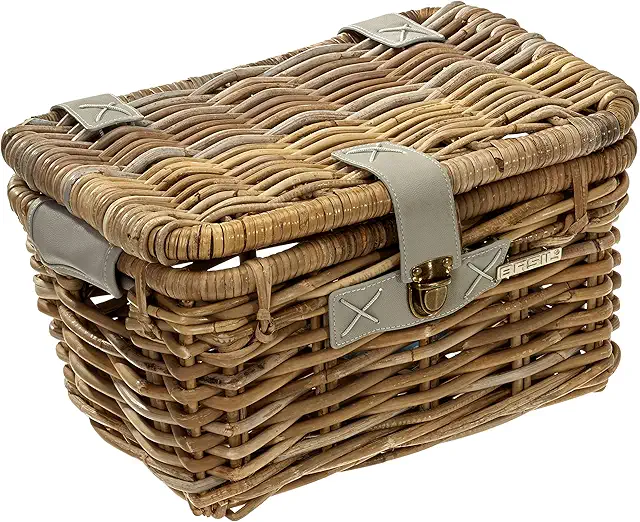 Basil Denton Rattan Bicycle Basket with Lid and Leather Details