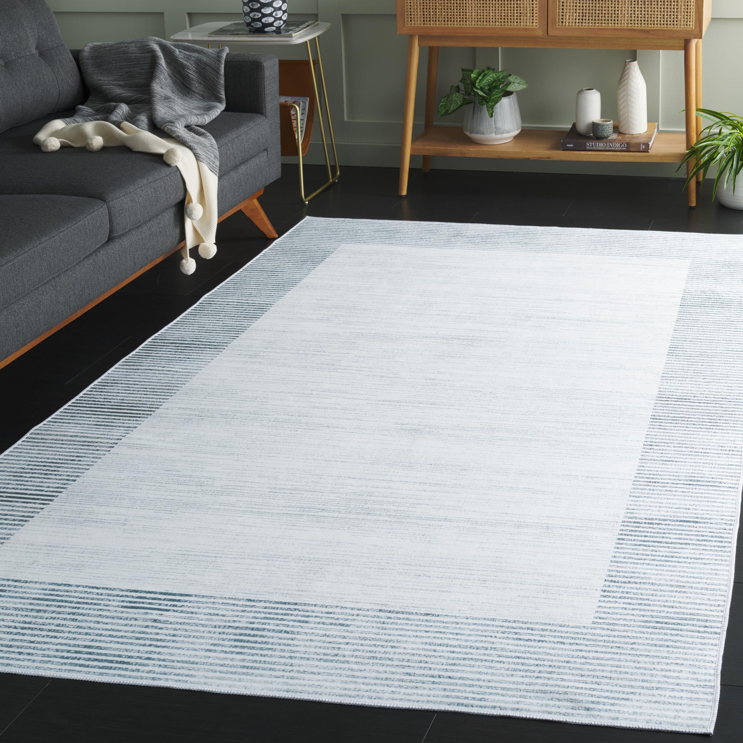 SAFAVIEH Washable Rug Malibu Collection - 6' x 9', Ivory & Grey, Slip Resistant & Easy Cleaning, Ideal for Living Room, Bedroom, Home Office, Nursery,