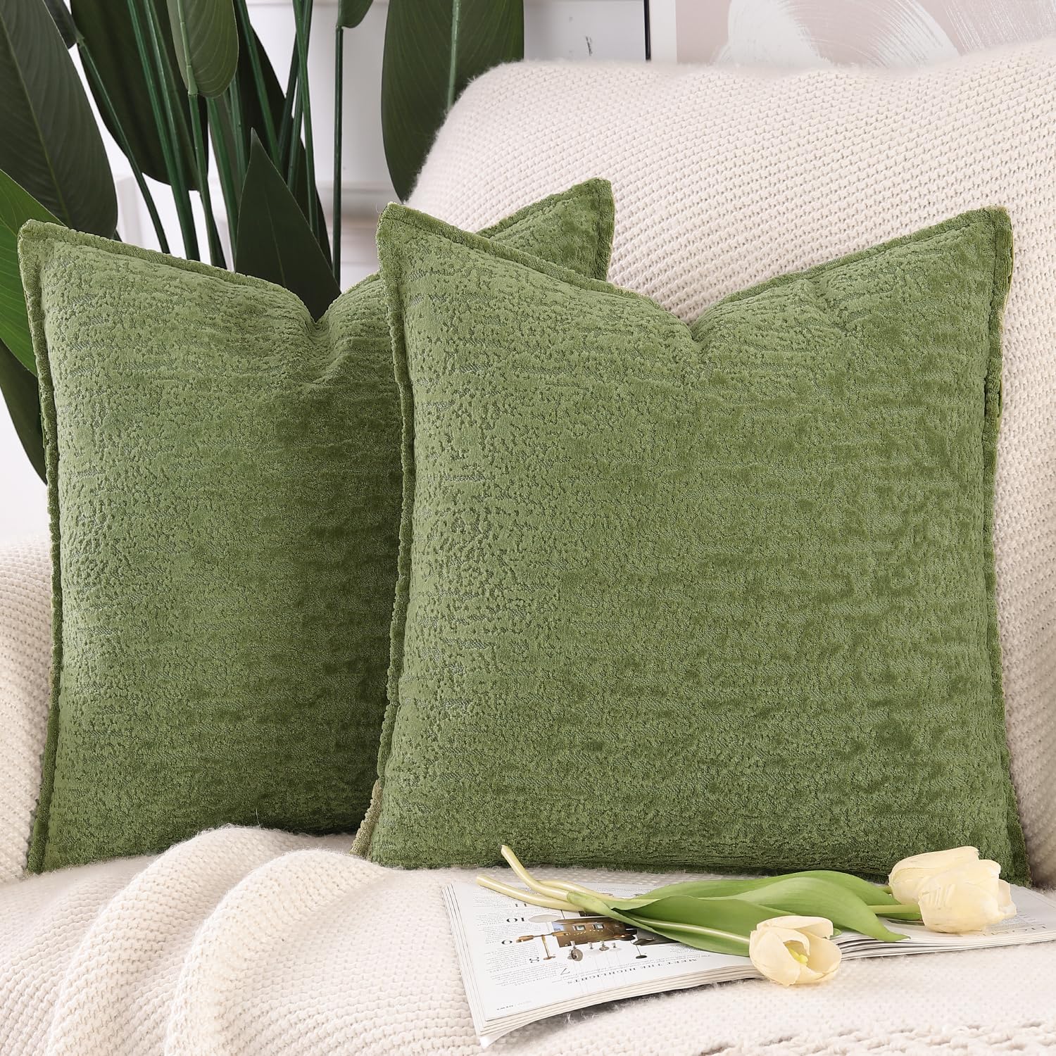 Madizz Pack of 2 Chenille Velvet Cushion Covers 60x60 cm Light Green Soft Neutral Decorative Throw Pillow Covers Accent Boho Pillowcases for Couch Sofa Modern Farmhouse Home Decor