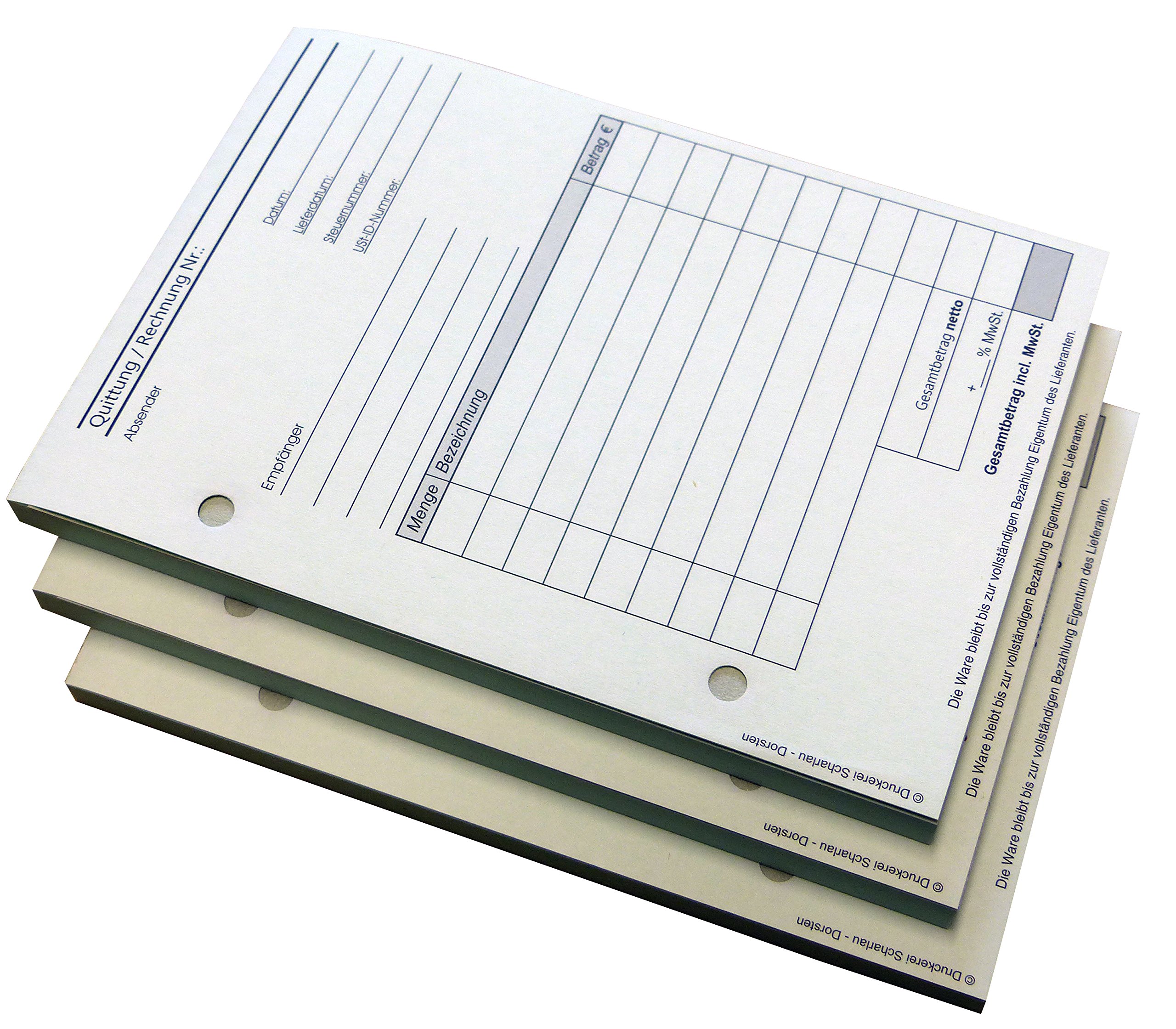 3x Block Rechnung/Quittung - Quittungsblock - 2 x 50 Blatt DIN A6 hoch - gelocht - SD -durchschreibend (22234)