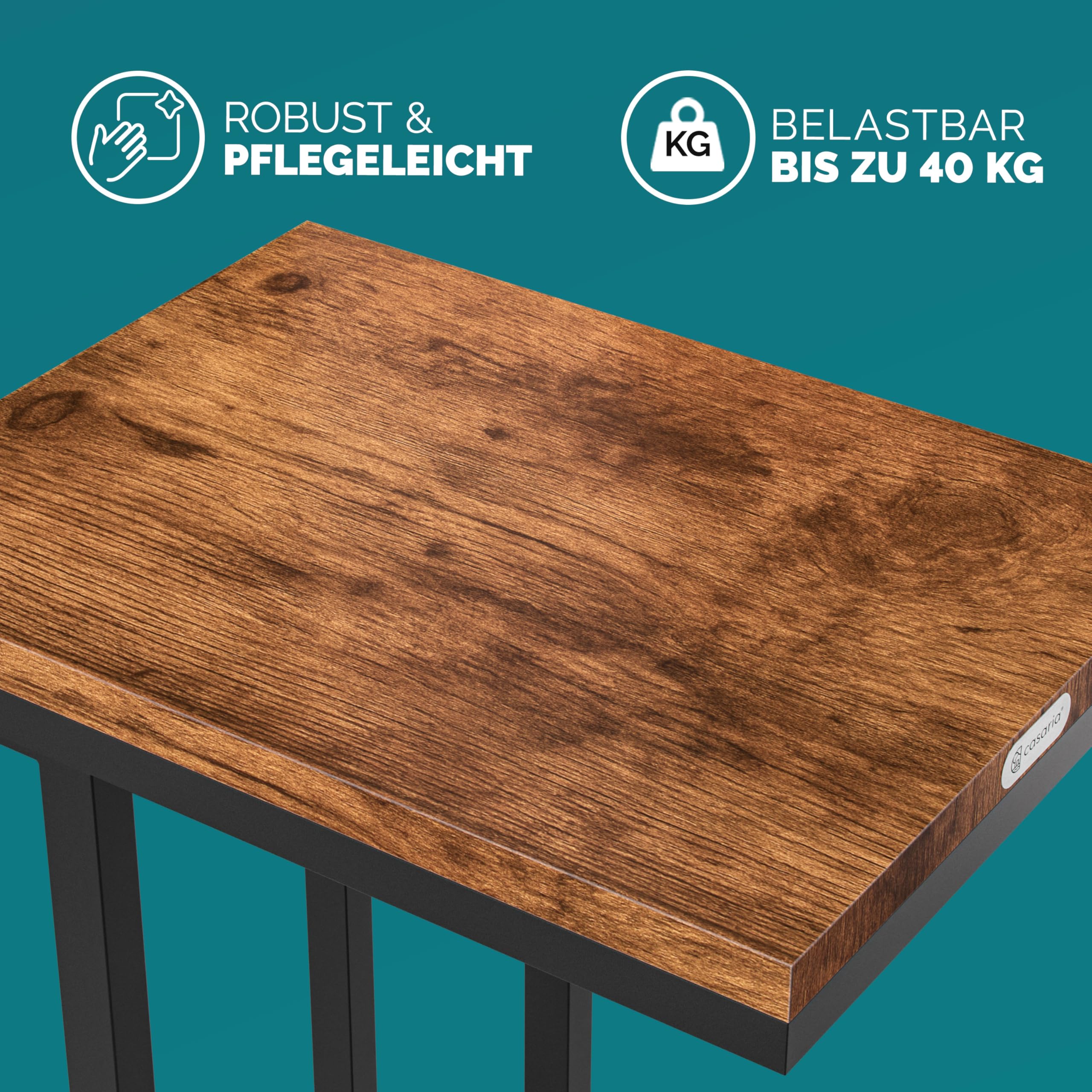 Casaria® Beistelltisch Holz Couch Schwarz 40kg Belastbarkeit 70cm Hoch 50x35cm Tisch Klein mit Rollen Laptop Kaffeetisch C Form Wohnzimmer Nachttisch Gestell aus Metall
