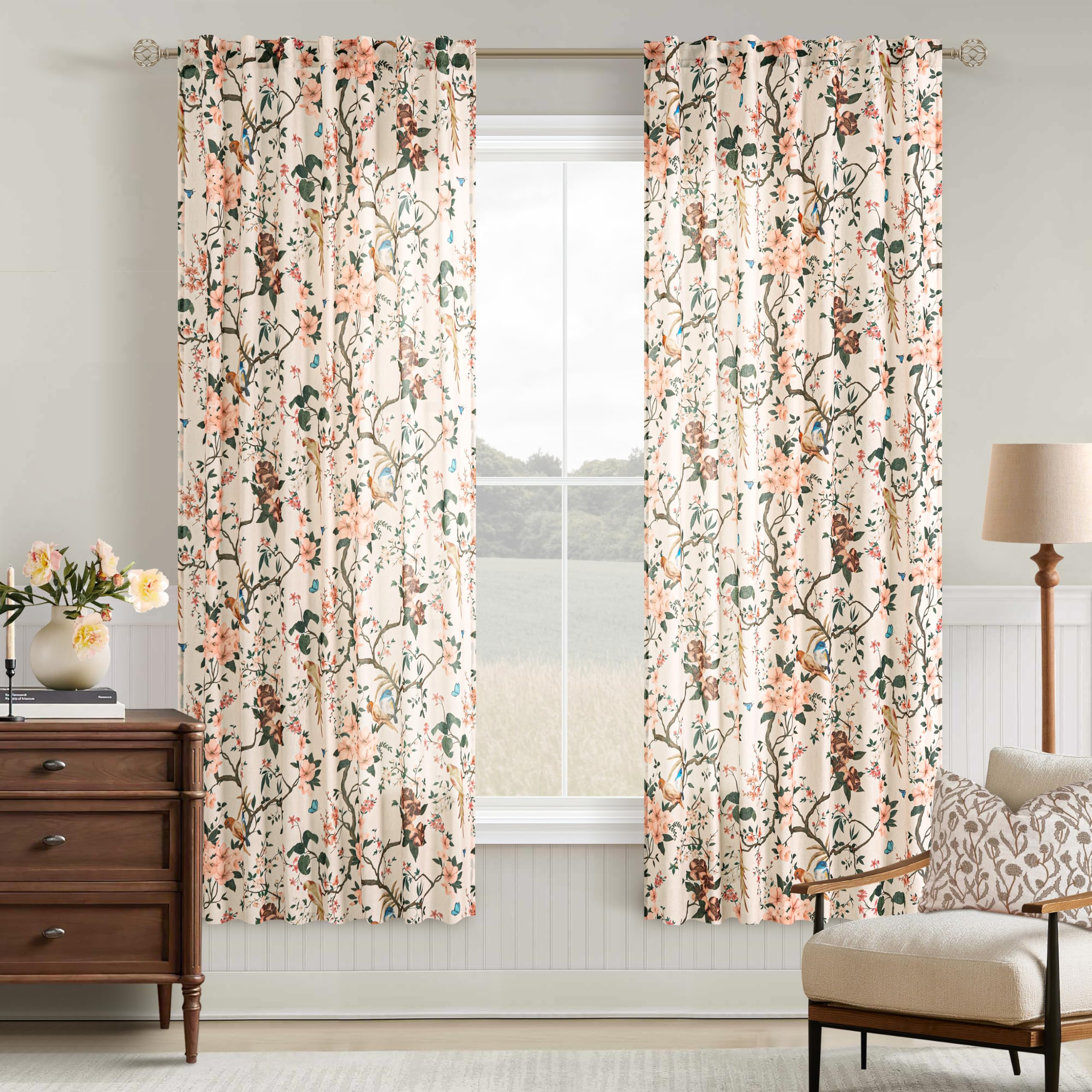 Beige Sand Floral Bird Linen Semi Sheer Curtains 2 Panels 72 Inches Long | Tan,Back Tab,Flower Patterned,Farmhouse,French Country,Window Drapes,Light Filtering,Curtain for Living Room Bedroom Cabin