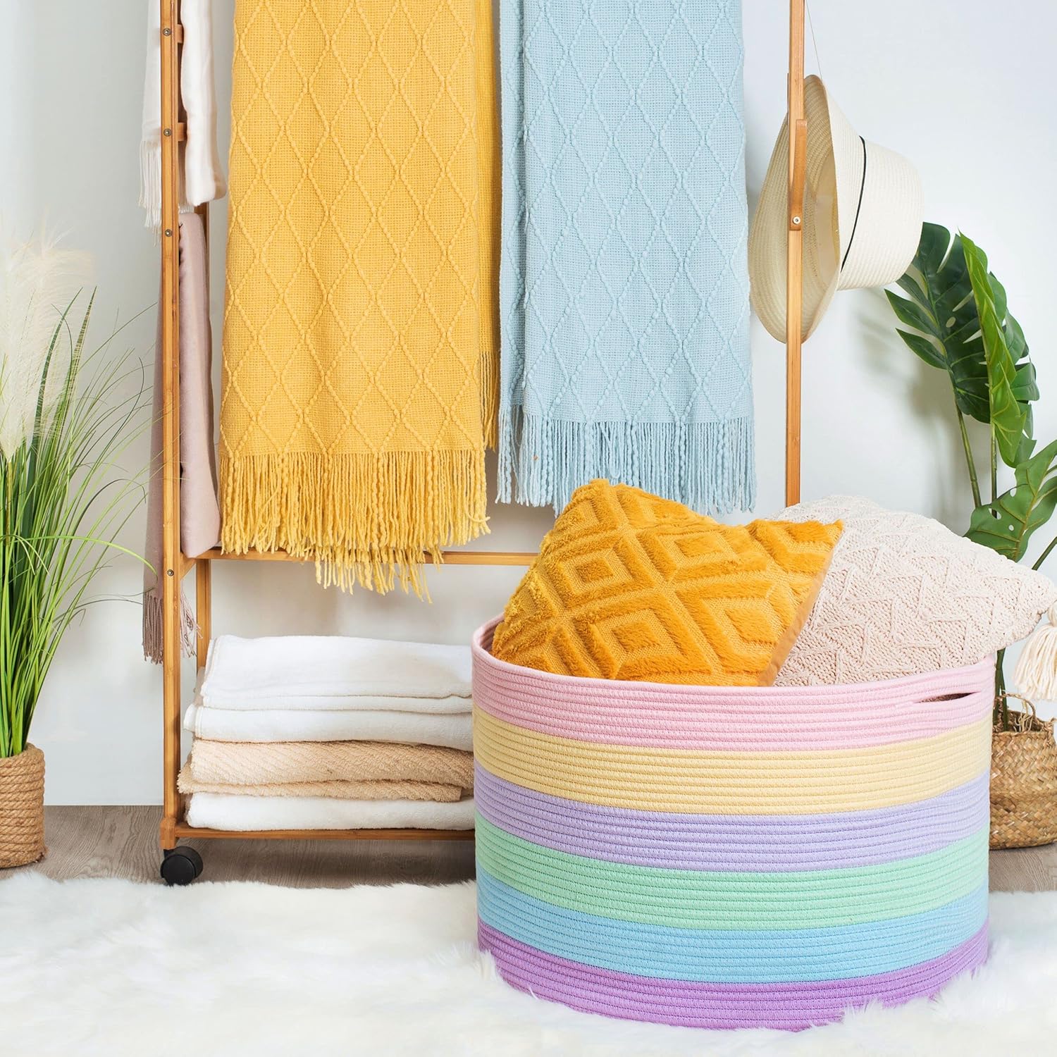 MINTWOOD Design Extra Large 22 x 14 Inch Rainbow Blanket Basket for Colorful Room Decor, Playroom & Classroom Storage Basket, Decorative Cotton Rope Basket, Toy Storage Baskets & Bins, Pastel Rainbow - Image 3