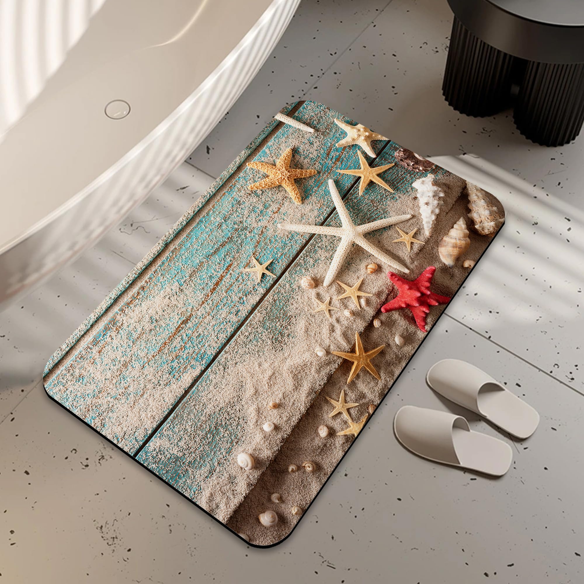 LUOENY Non-Slip Bath Mat 75x43 cm, Absorbent Quick Drying Thin Bathroom Mat for Bathtub Side Floor, Easy to Clean, Beach Seashell Starfish