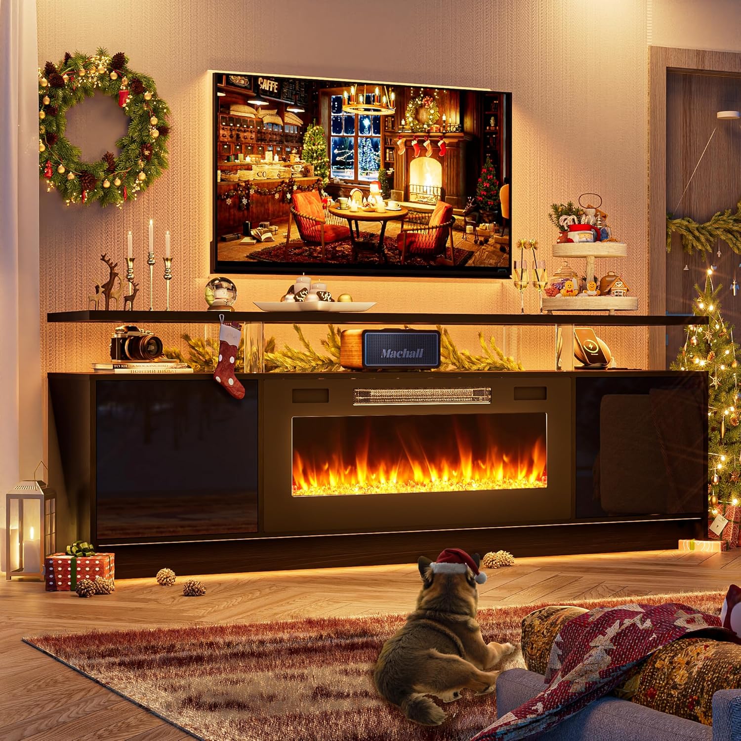 70 inch TV Stand with Fireplace for Up to 80'' TV-LED Fireplace Entertainment Center w/Outlet, 2 Tier TV Console Storage Cabinet, Media Console Table for Living Room, Black