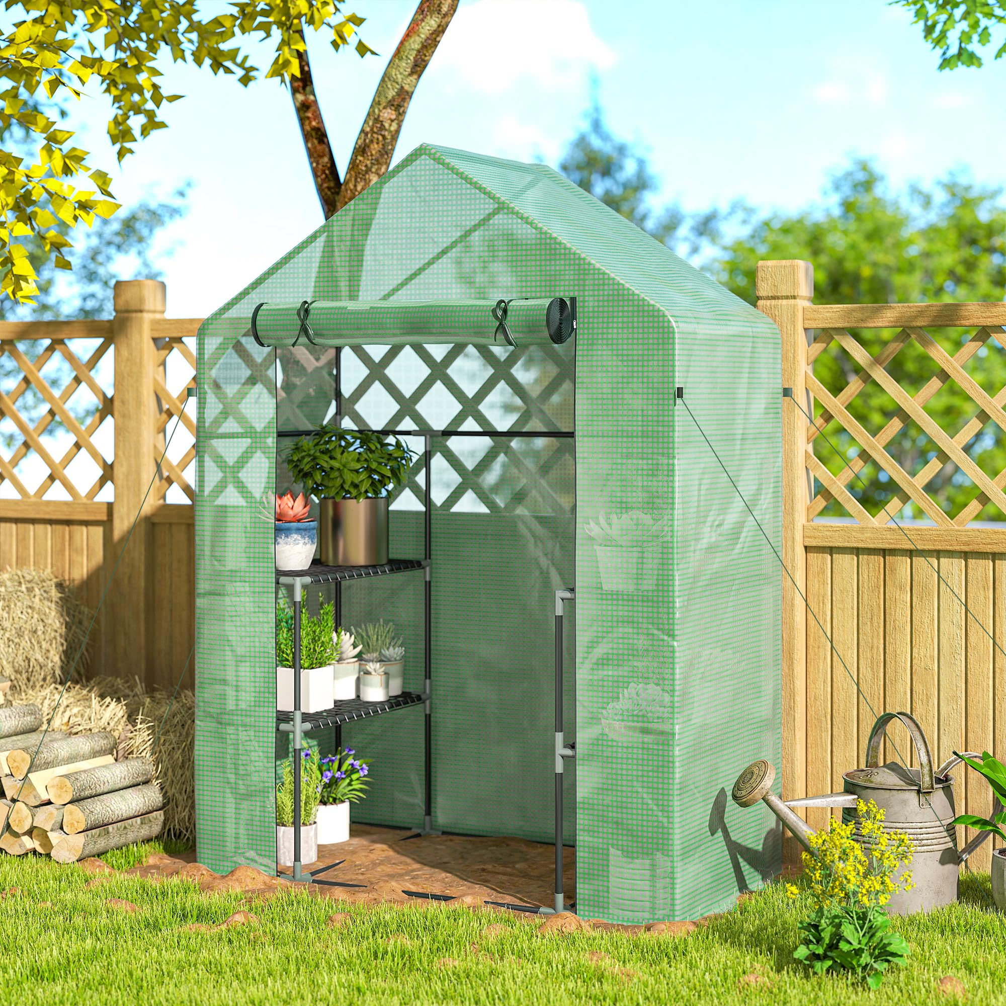 Outsunny Serra da Giardino con Ripiani a 3 Livelli 142x73x195 cm Verde | Porta Avvolgibile a Zip, Serra per Orto, Struttura in Acciaio, Copertura PE, Verdure Fiori Frutta, Anti UV, Giardinaggio
