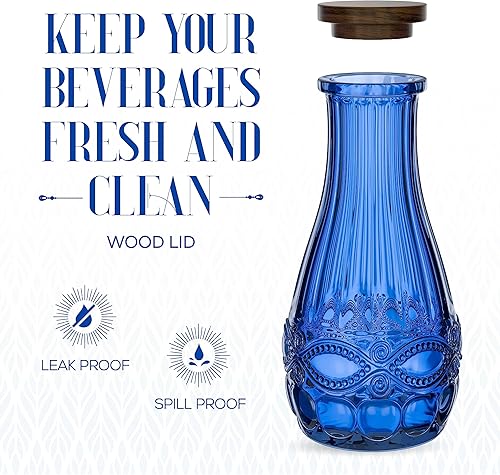 Miniatura 6 de Elle Decor Jarra de vidrio azul con tapa de madera, jarra de bebidas para agua, jugo, té helado y barra de mimosa - Recipiente para bebidas