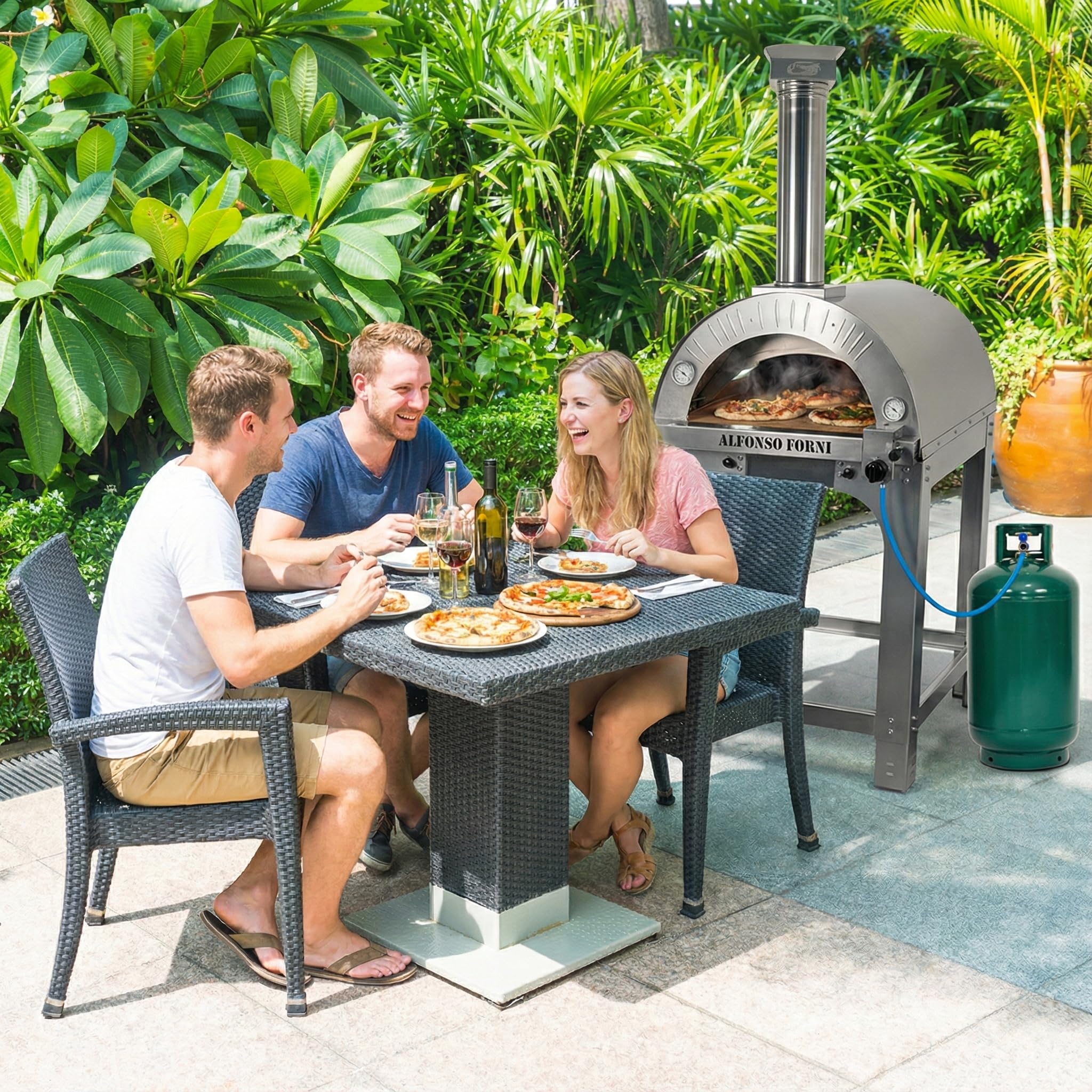 Forno ibrido legna gas Alfonso 4 Pizze, tetto inox lucido e carrello con ruote, 2 pirometri, portina chiuderna – (Solo forno (senza bruciatore))