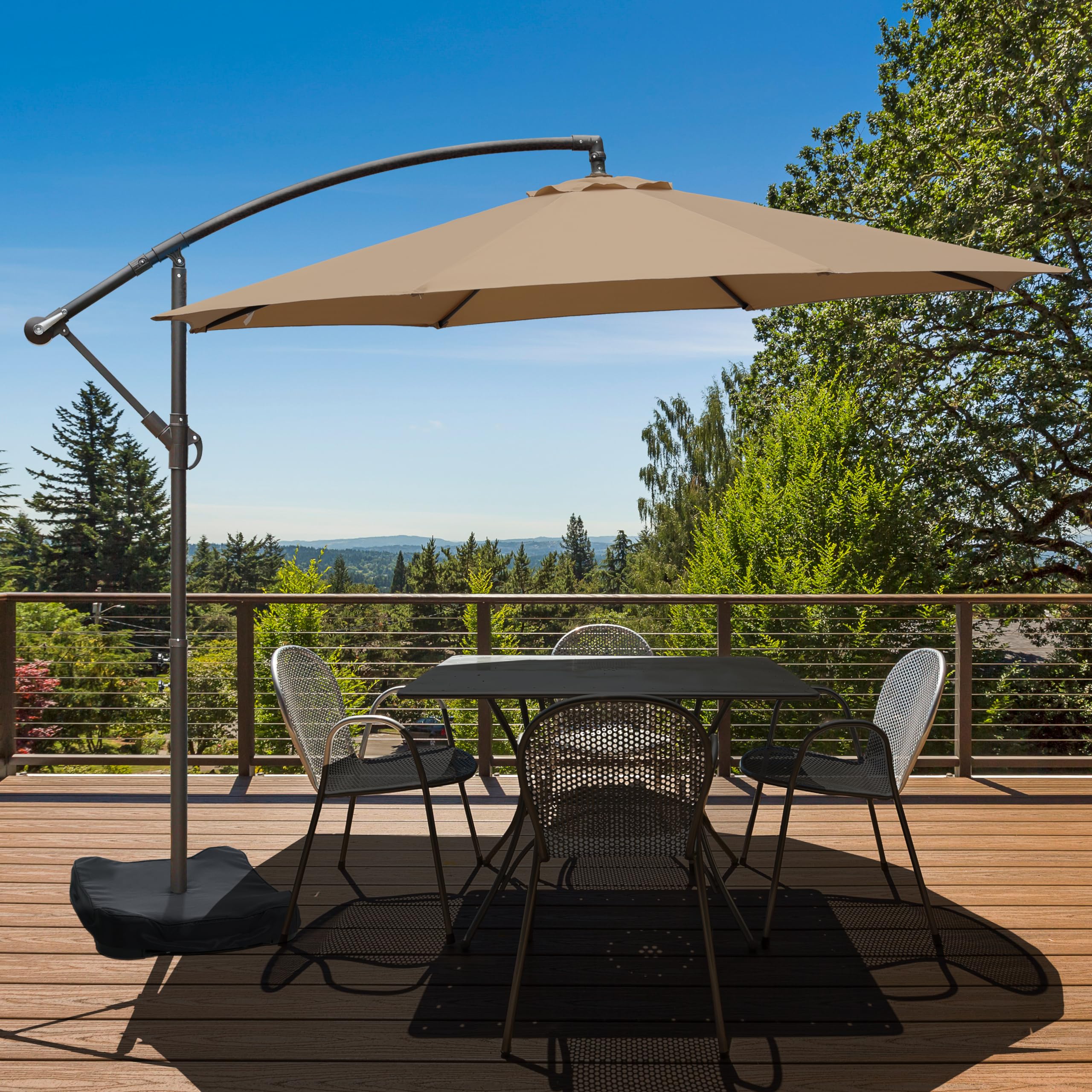 Aoodor 10 Ft Patio Offset Hanging Umbrella, Large Cantilever Market Umbrella with Base, Easy Tilt Adjustment and Polyester Shade for Lawn, Beach,Yard and Poolside, Brown : Patio, Lawn & Garden