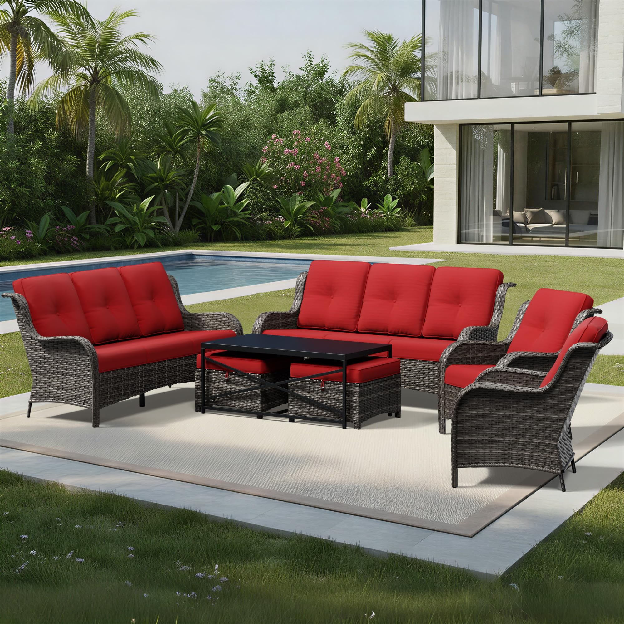Joyside 7 Piece Wicker Patio Furniture Set, Rattan Patio Chairs with High Back, Deep Seating, Wide Armrest, Thickened Cushions, Outdoor Furniture for Deck, Porch Use