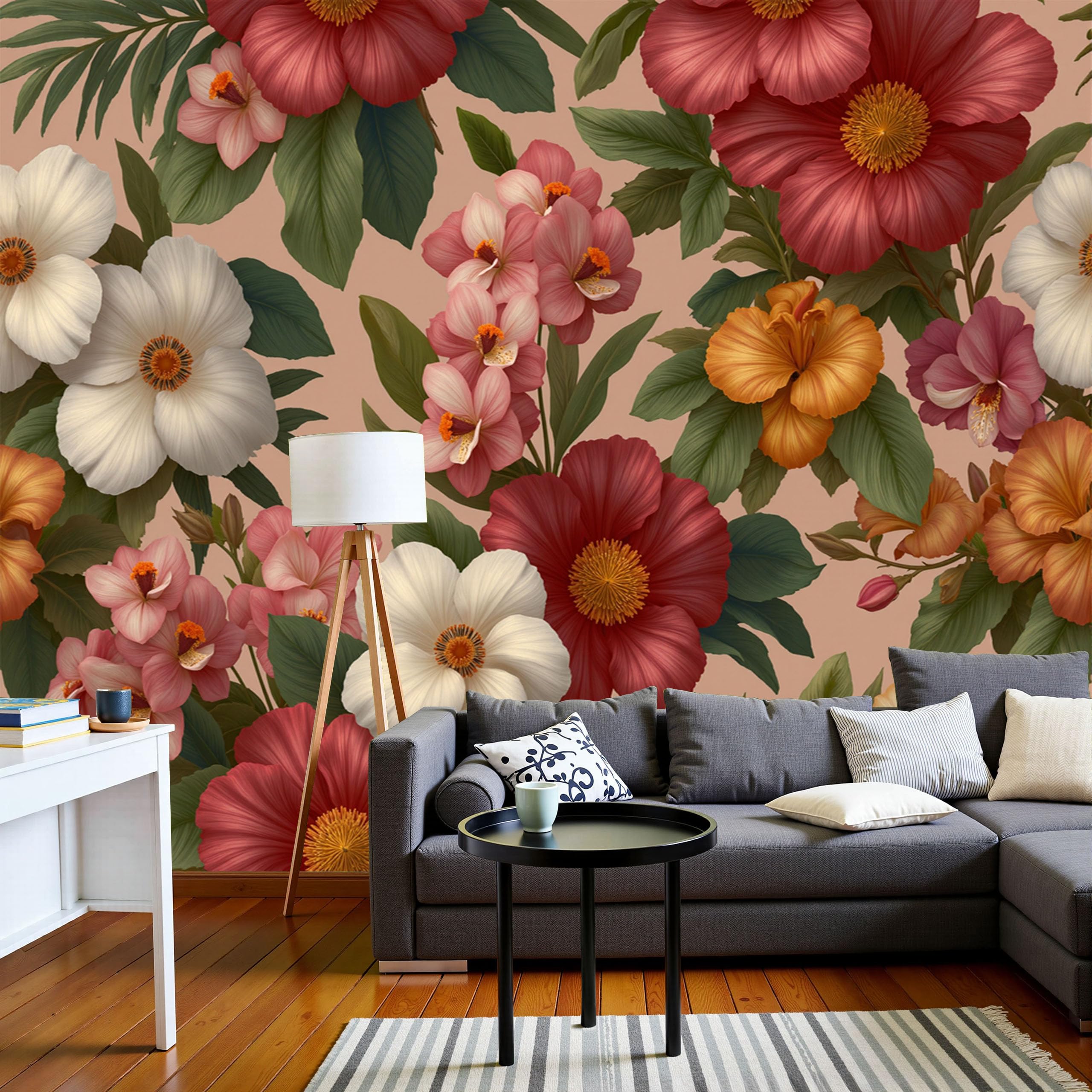 Papier peint panoramique fleurs tropicales orchidées rouge foncé décoration murale salon 250x175