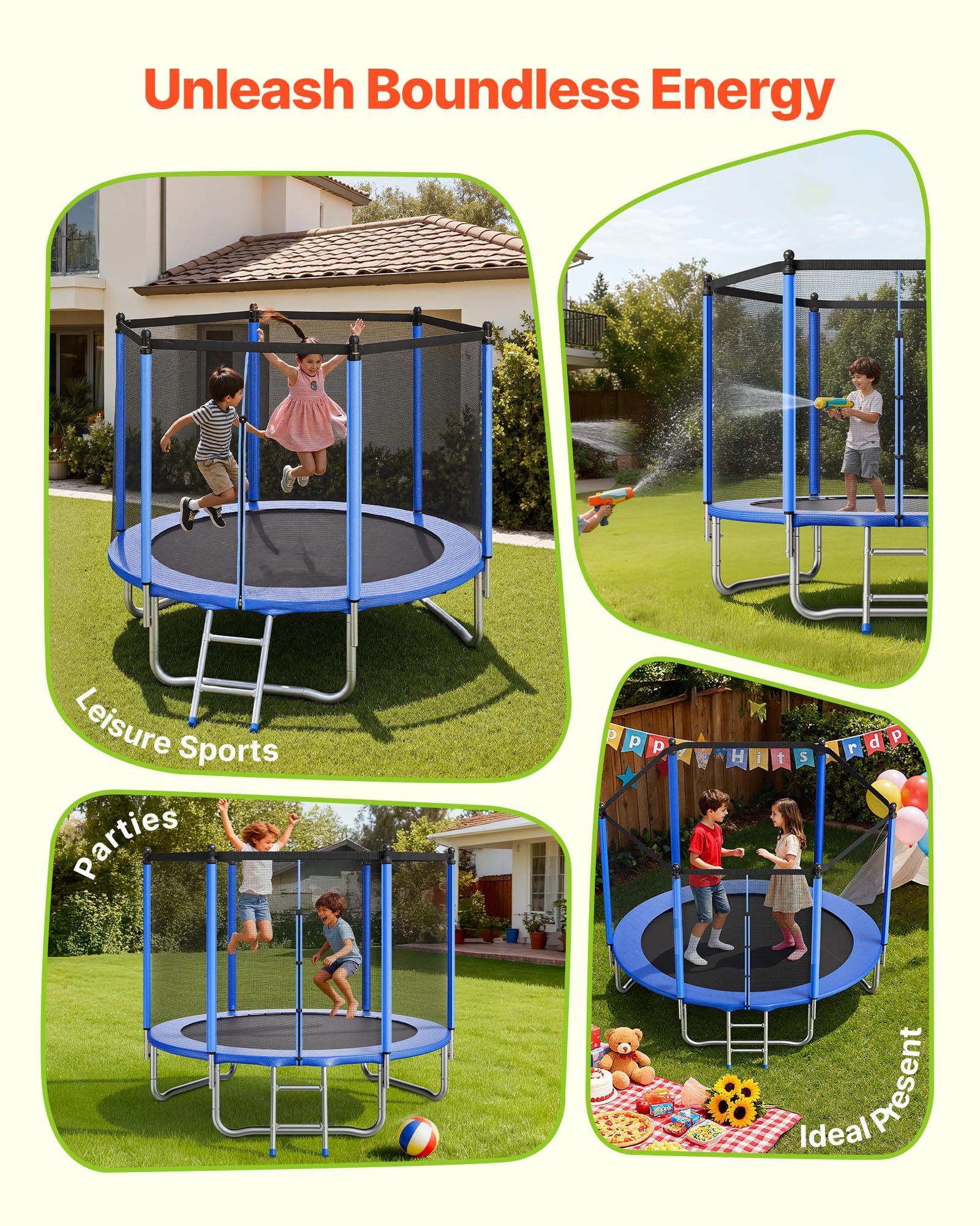 VEVOR Trampoline d'extérieur, 244 x 244 cm, Trampoline de Loisirs antirouille Rond avec Filet de sécurité et Cadre en Acier, certifié ASTM, capacité de Charge maximale 120 kg, pour Enfants et Adultes