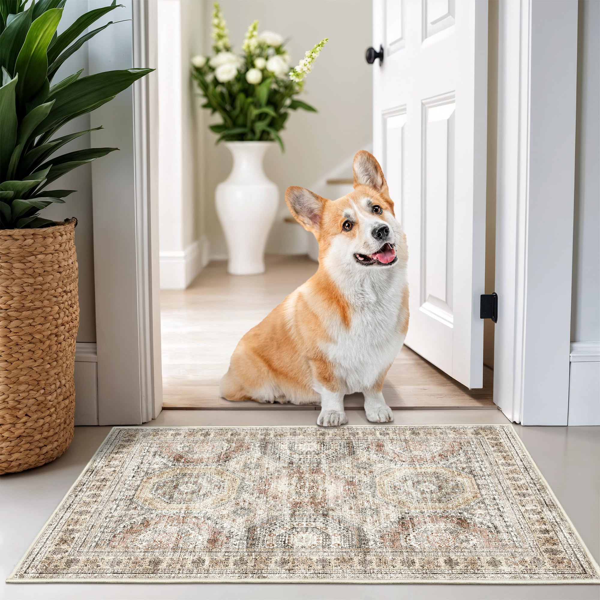 Restydon 2x3 Washable Rug Runner for Bathroom, Soft Entryway Rug for Laundry Room, Kitchen, Vintage Abstract Hallway Runner for Bedroom, Anti-Slip Door Mat Indoor Entrance(2'x3', Brown/Pink) โ image 1