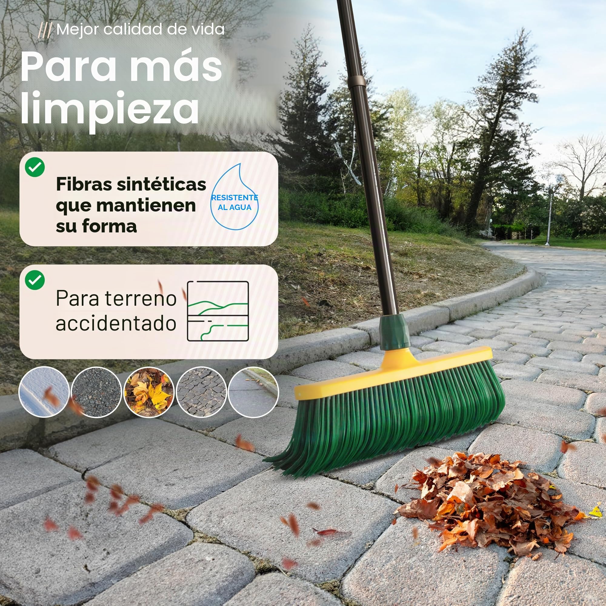 Novaliv Escoba Premium con Mango de 30 cm, Cepillo Especial de Cerdas Curvas, Cabezal de Plástico para Jardín, Rascadora, Césped Artificial, Ideal para Camping