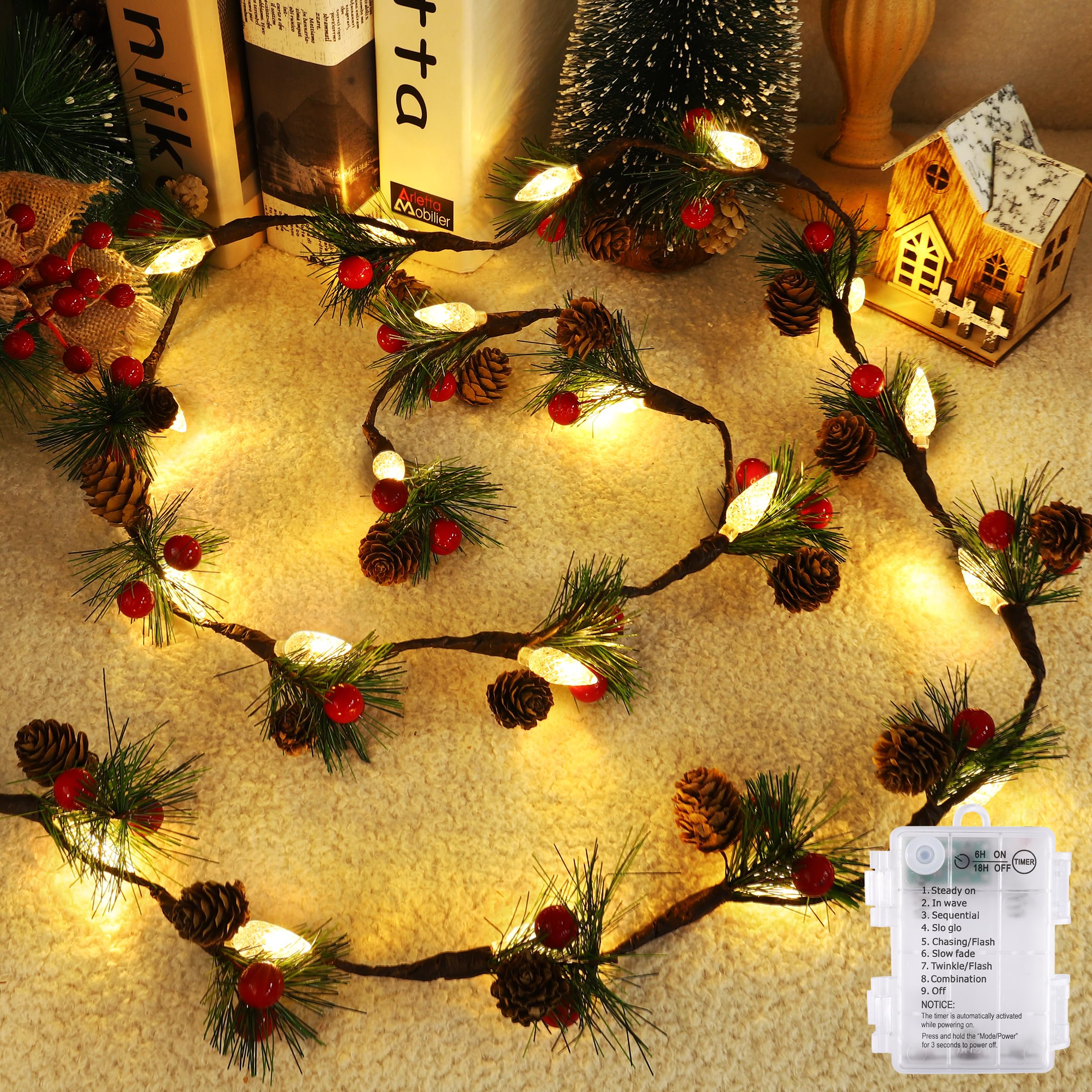 Weihnachtsgirlande mit Lichtern, 2,1 m Tannenzapfen, Weihnachtslichterkette mit roten Beeren, Nadeln, 40 LEDs, C6, batteriebetrieben, Prelit-Girlande für Weihnachtsdekoration drinnen und draußen, 2