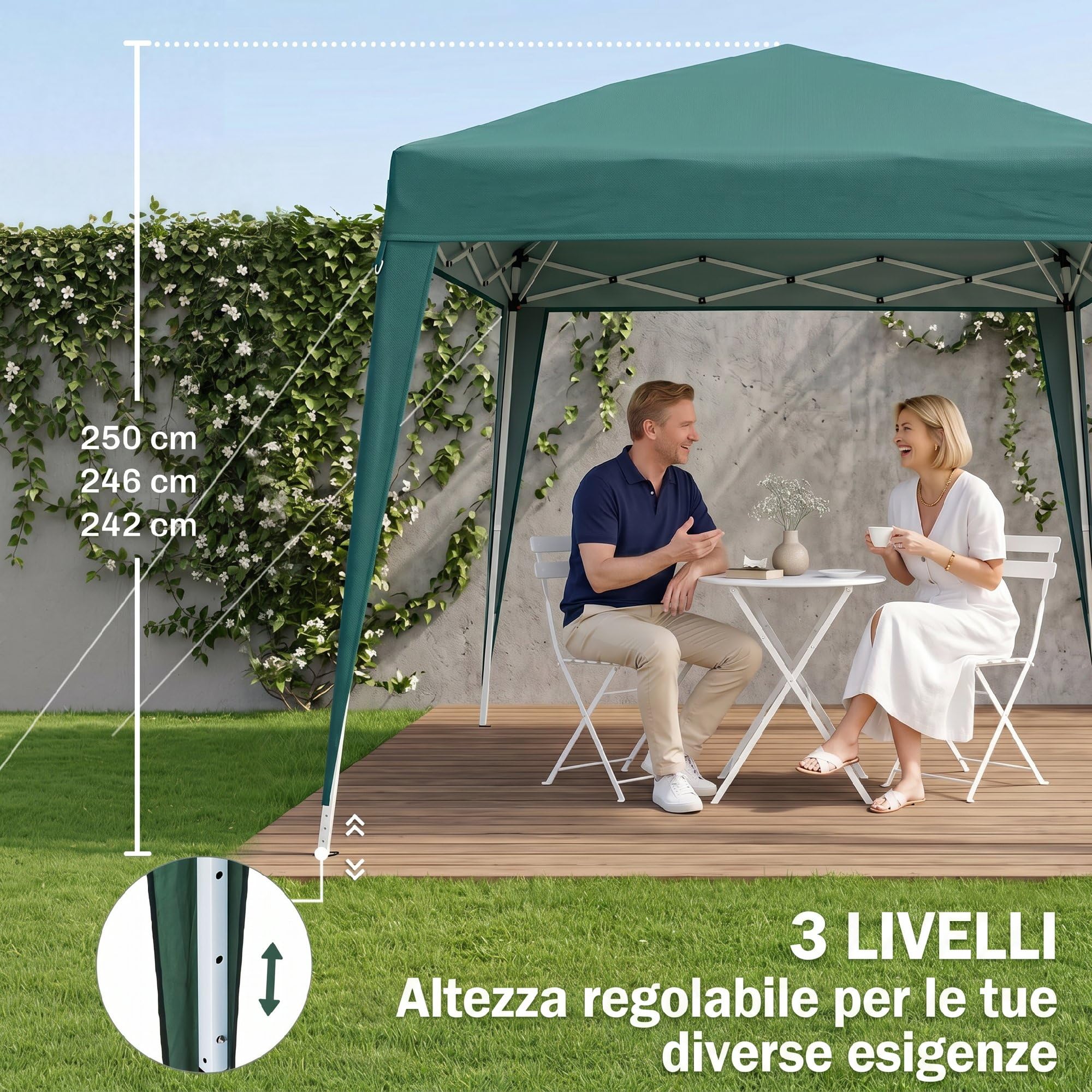Outsunny Gazebo Pieghevole da Giardino 2.4x2.4m Struttura in Acciaio Verde