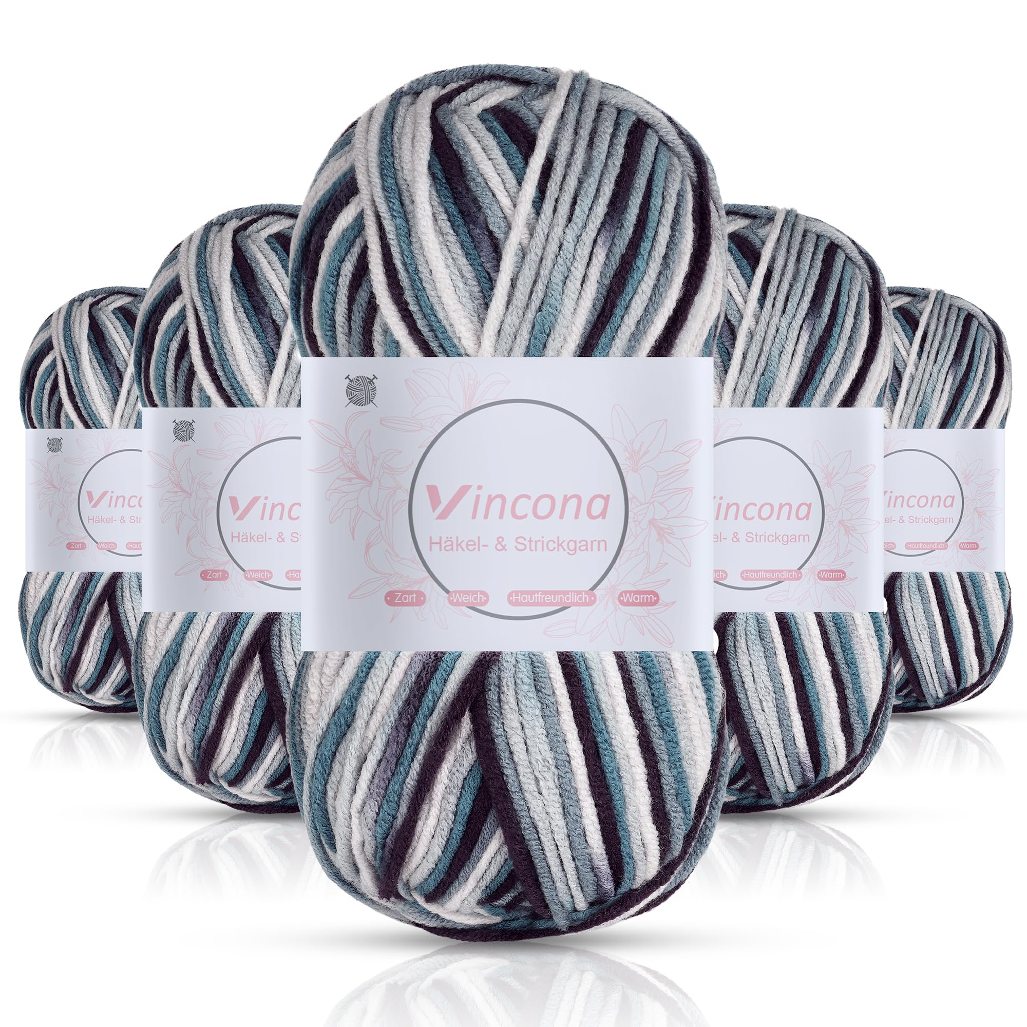 Vincona Häkelgarn，5x50 g Wolle zum Häkeln，Bunt Farbverlauf Acrylgarn zum Häkeln，Wolle zum Häkeln und Stricken, Handstrickgarnsets Geeignet zum Stricken von Puppen, Pullovern, Schals, Mützen