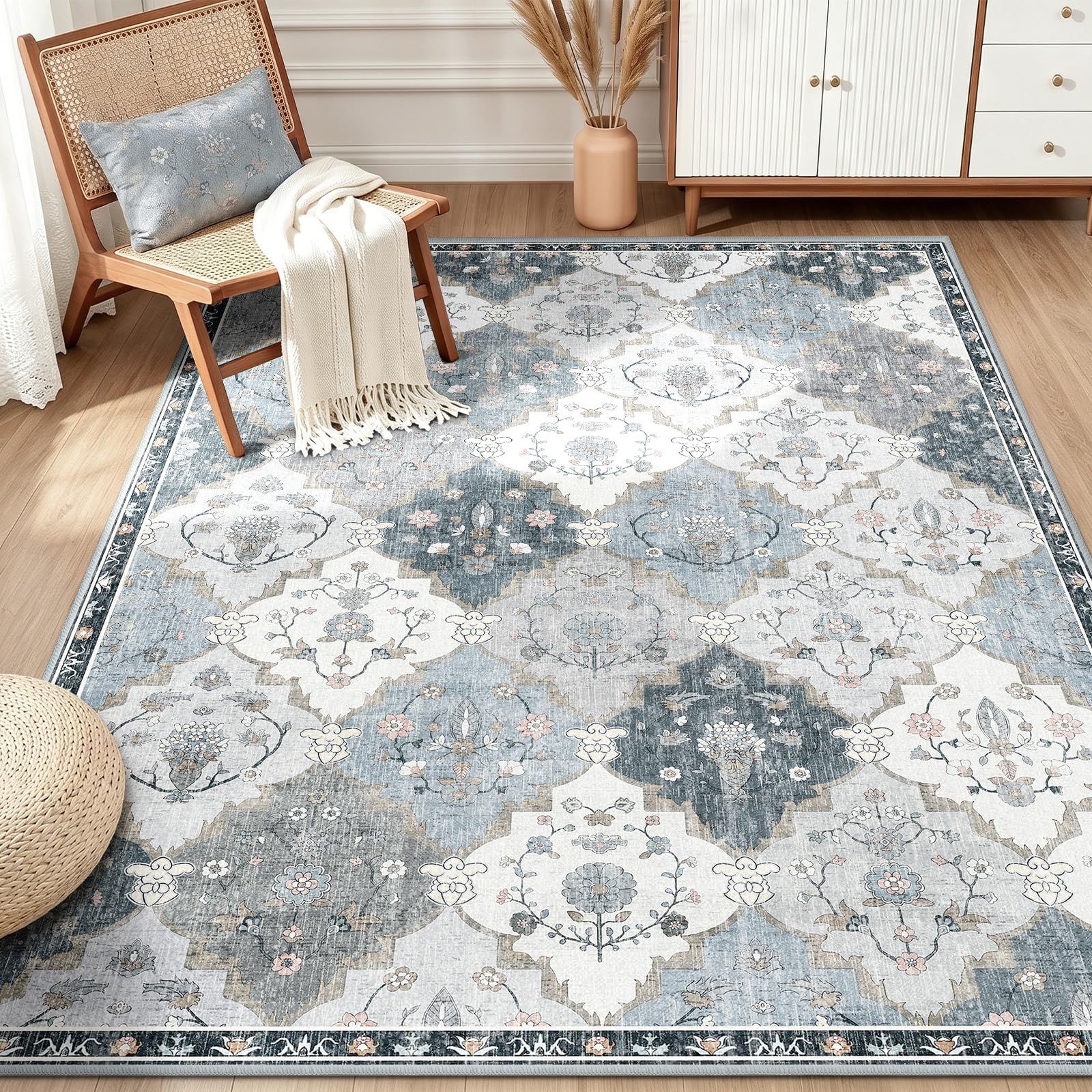 INOVADAY Teppich Wohnzimmer Moroccan Teppich Waschbar Boho Kurzflor rutschfest Teppiche für Lounge Schlafzimmer Esszimmer mit Druckmuster