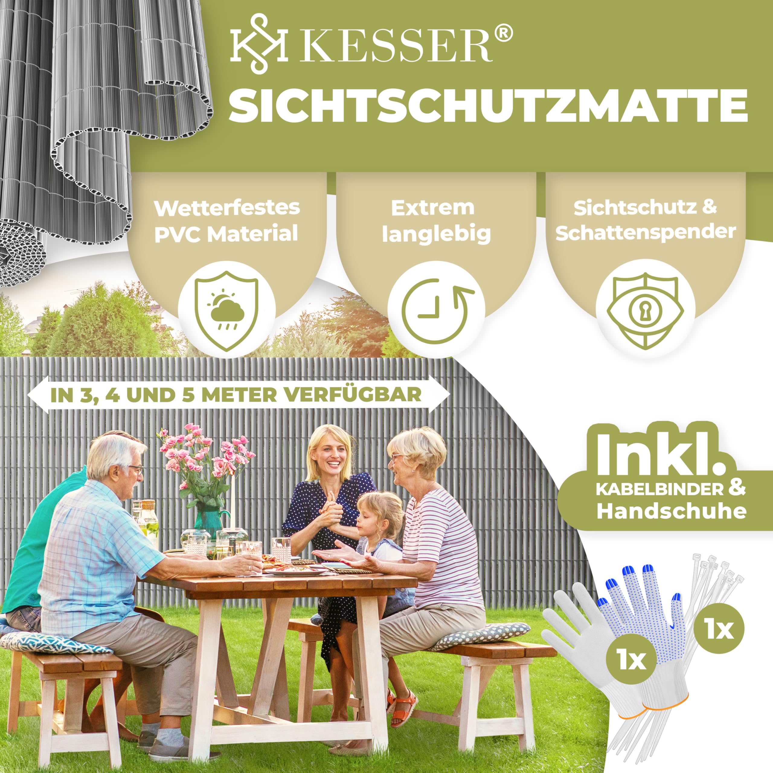 KESSER® Mata maskująca z PCW, ogrodzenie balkonowe, ochrona przed wiatrem, wzmocnione lamele, do ogrodu, na balkon i taras, obramowanie balkonu, wraz z opaskami kablowymi, osłona i rękawiczki