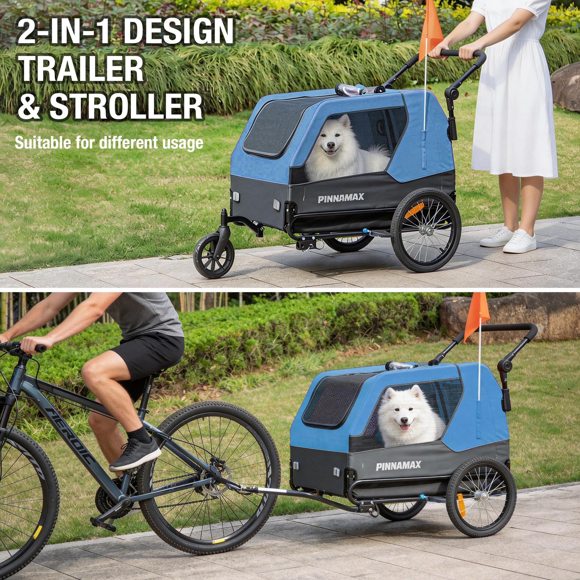 Hundeanhänger für Fahrräder – 2-in-1 Haustierbuggy, belastbar bis zu 45 kg – Fahrradanhänger für Hunde mit universeller Fahrradkupplung, rutschfestem Boden und integrierter Leine