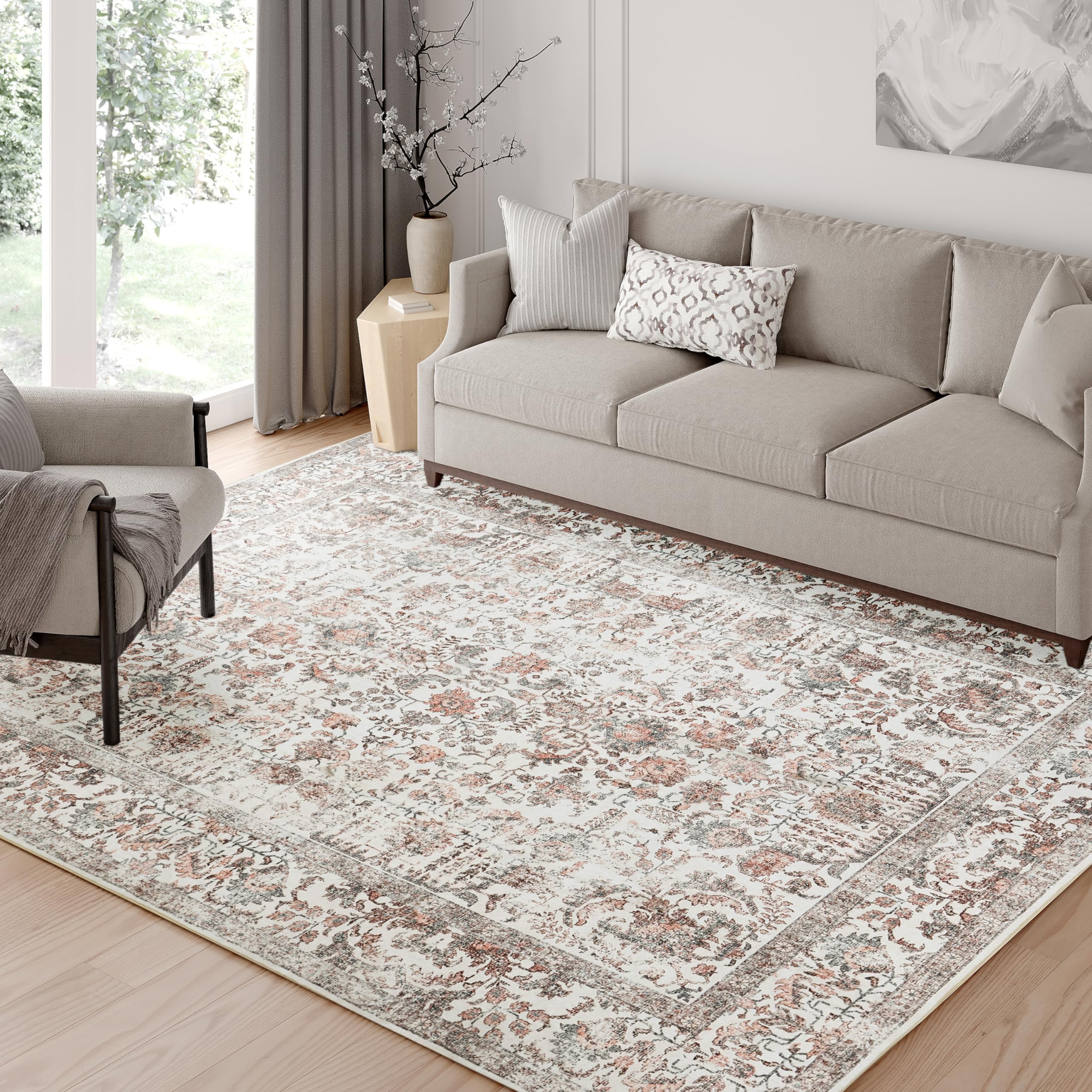 Red Area Rug 6x9 Indoor Vintage Living Room Carpet Washable Distressed Rug Floral Bedroom Rug Retro Accent Throw Rug for Office Dining Room Nursery