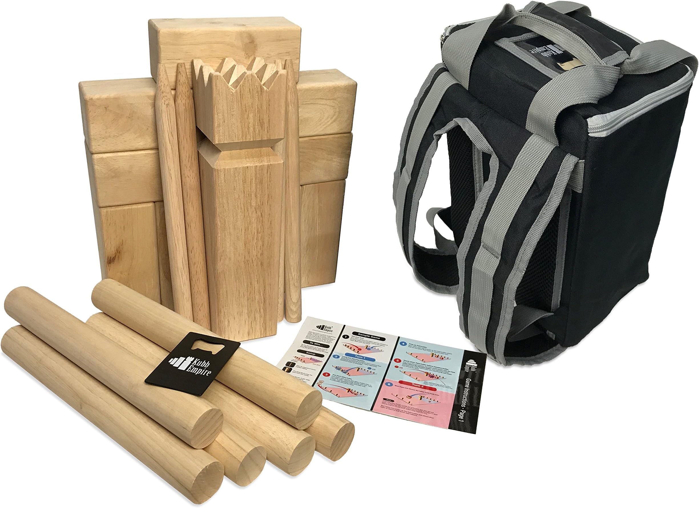 Premium Size Hardwood Kubb Yard Game Set with Backpack, Instruction Card, and Bottle Opener