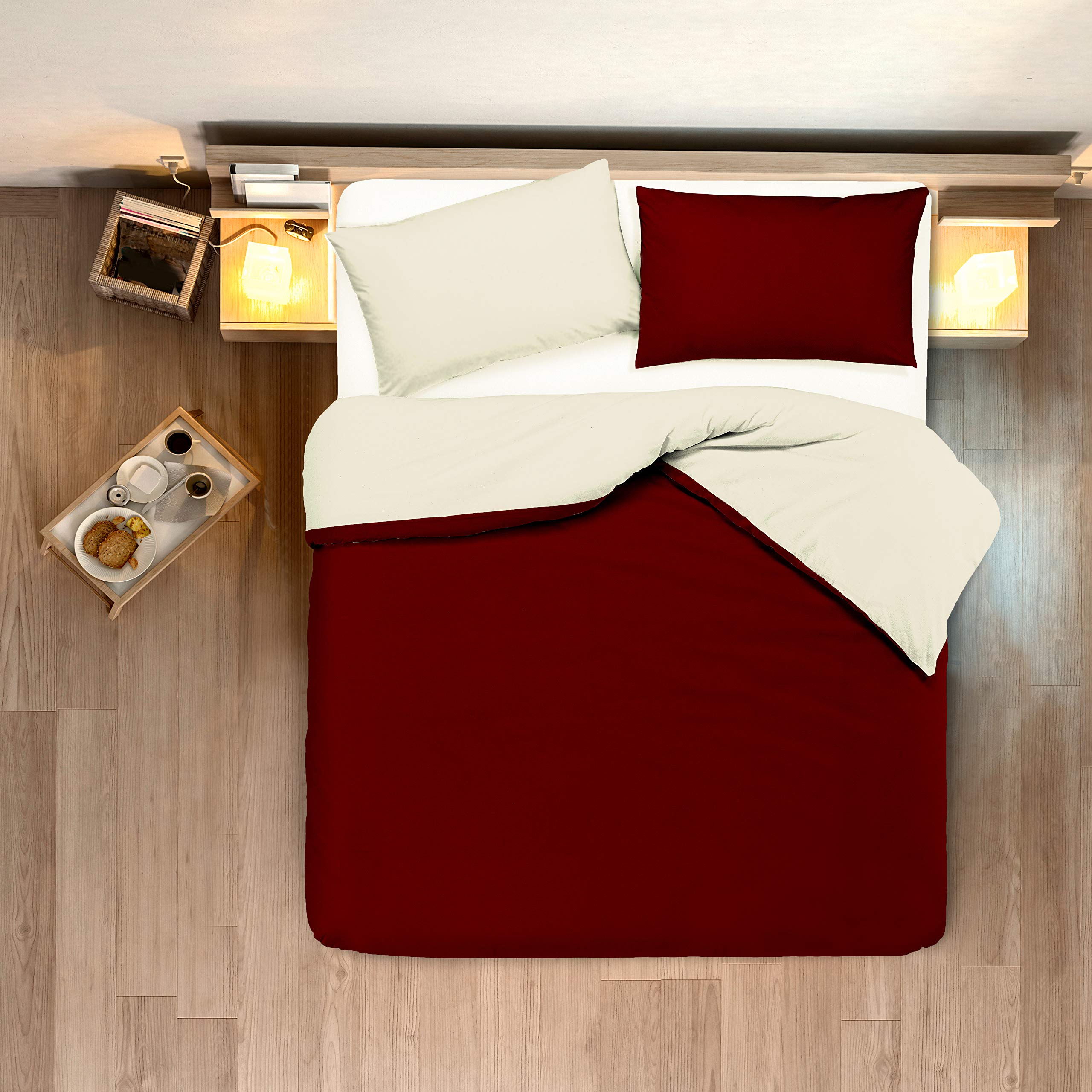 Novilunio Set copripiumino federe letto bicolor double face parure copripiumino in cotone made in Italy (Matrimoniale, Beige/Bordeaux)