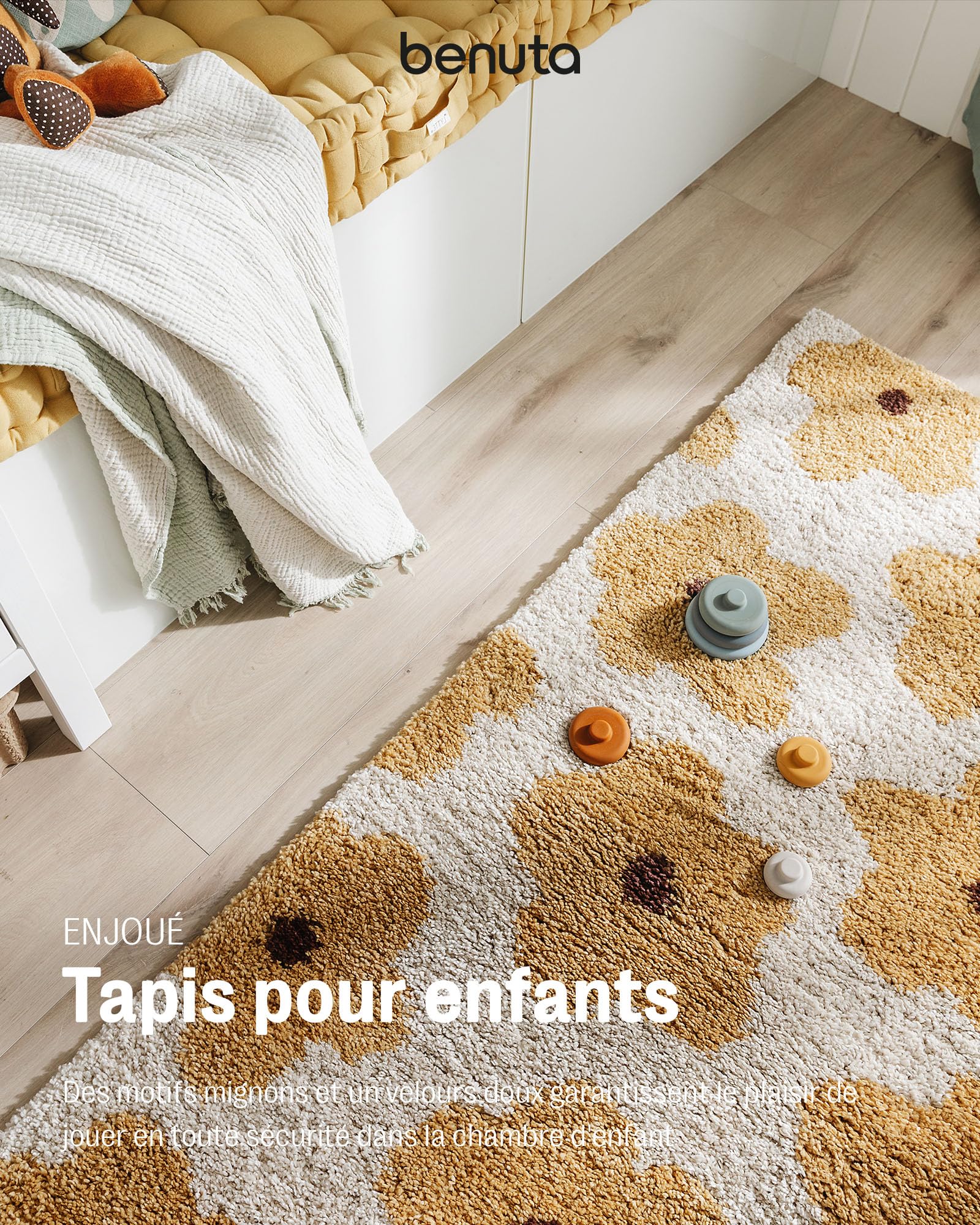 benuta Lytte Tapis Enfant Chambre Gobi - Jaune 120x170 cm - Fausse Fibre - Rectangulaire Style: Motifs Bebe, Scandi - Facile Entretien - pour Salon, Bureau, Couloir