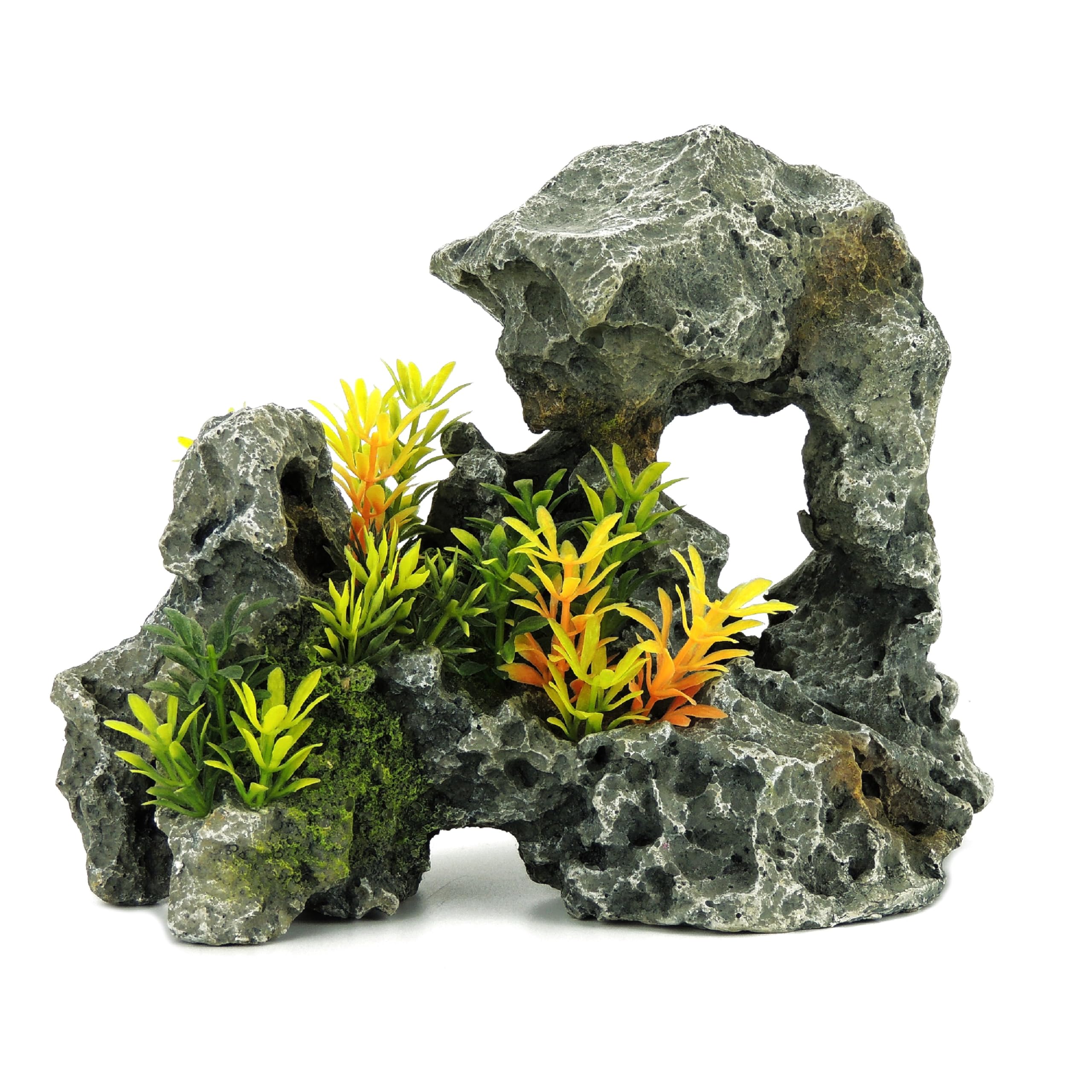 CLASSIC Grey Rock with Plants Aquarium Ornament – Natural Fish Tank Decoration – 240 x145 185mm