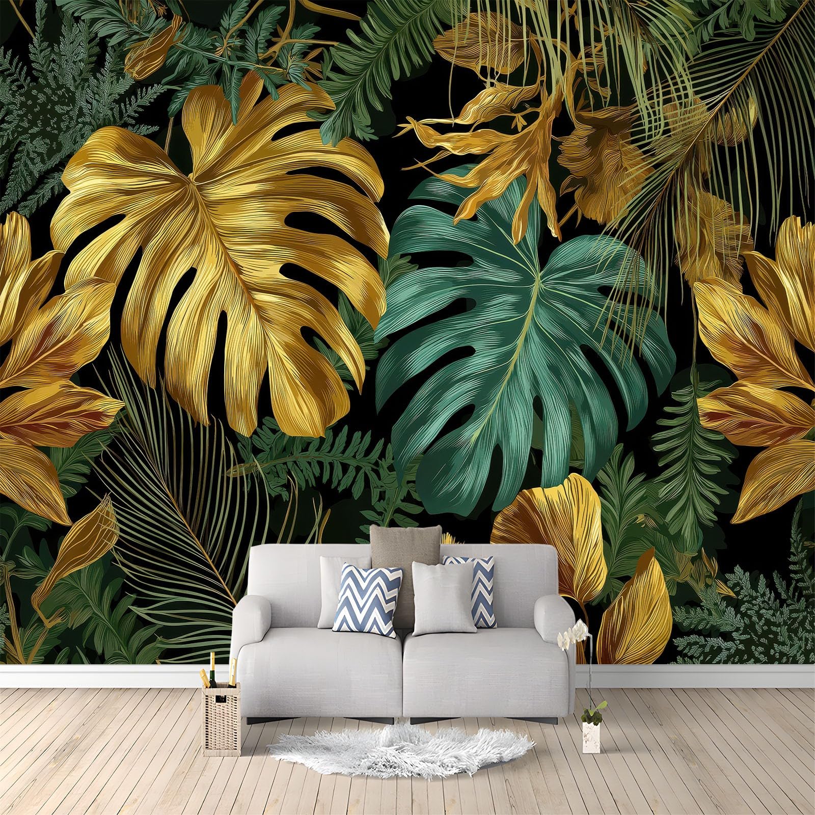Photo Wallpaper, Modern Monstera Leaves Non-Woven Mural Wallpaper, Black Wall Art for Gaming Room Living Room Bedroom Kitchen Office Family Wall Decor, 300 x 210 cm