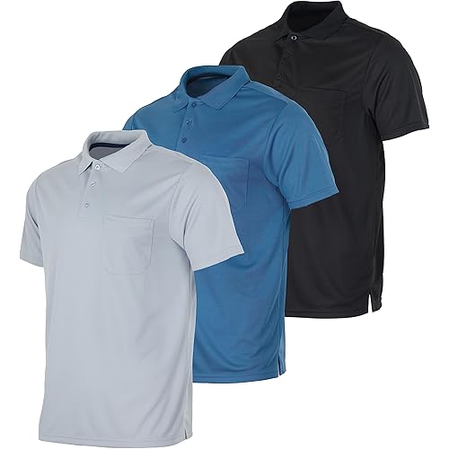 Real Essentials 3 Pack: Mens Short Sleeve Dry-Fit Collared Polo Shirt with Pocket - Active Casual (Available Big & Tall)